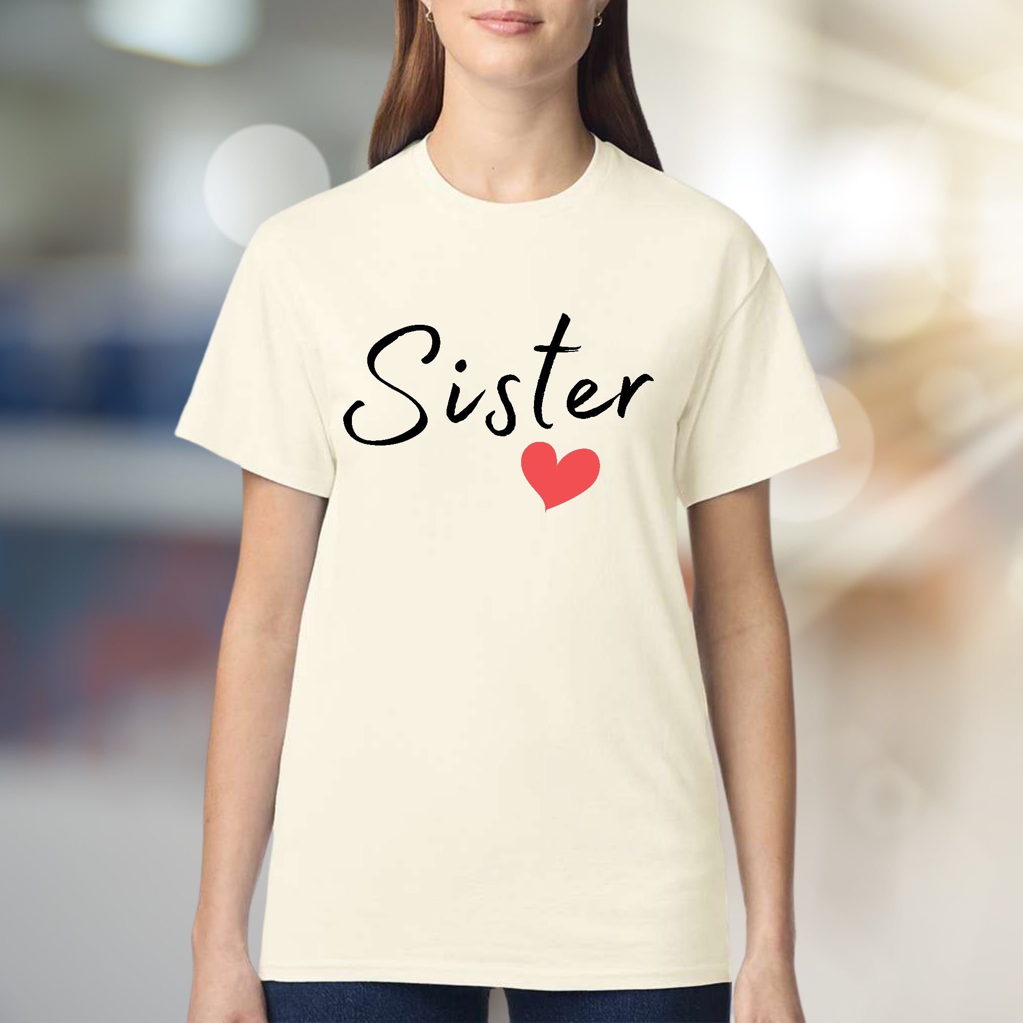 "Sister" Heart Script Graphic Tee, a Loving Pick for Family Bonds