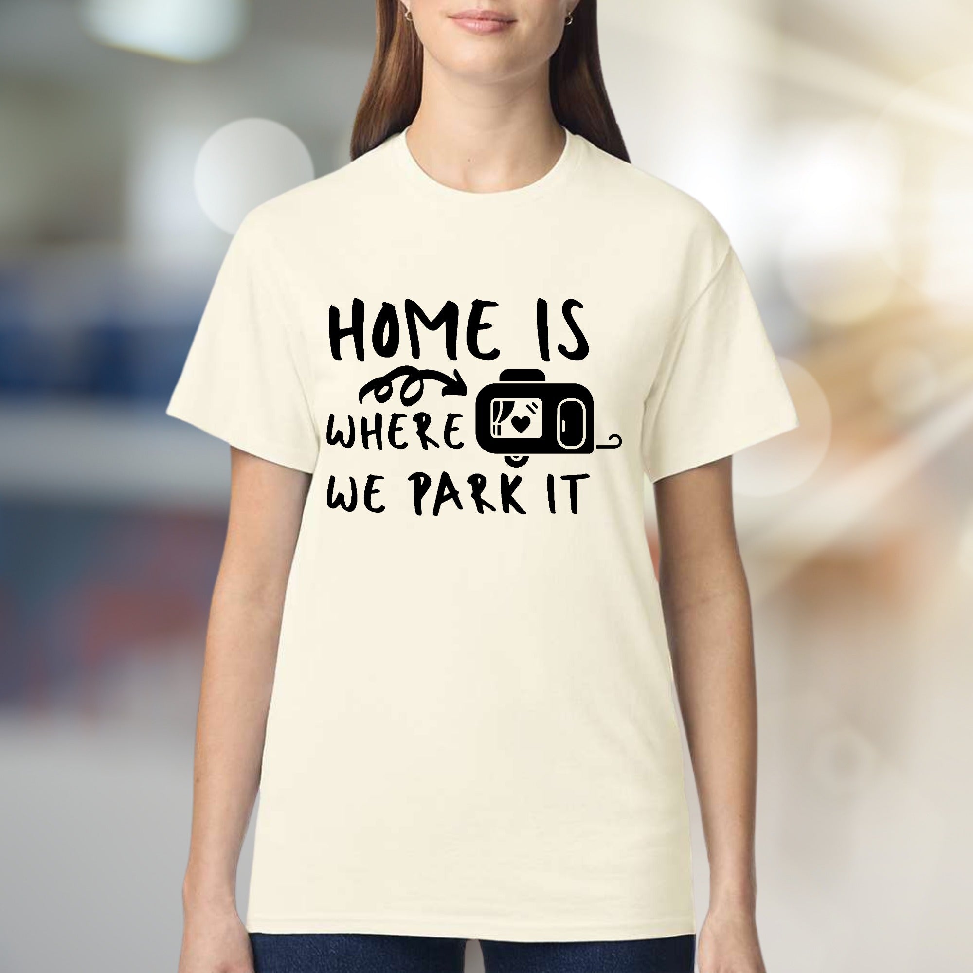 "HOME IS WHERE WE PARK IT" Camper Graphic Tee, A Laid-Back Travel Shirt for RV Lovers