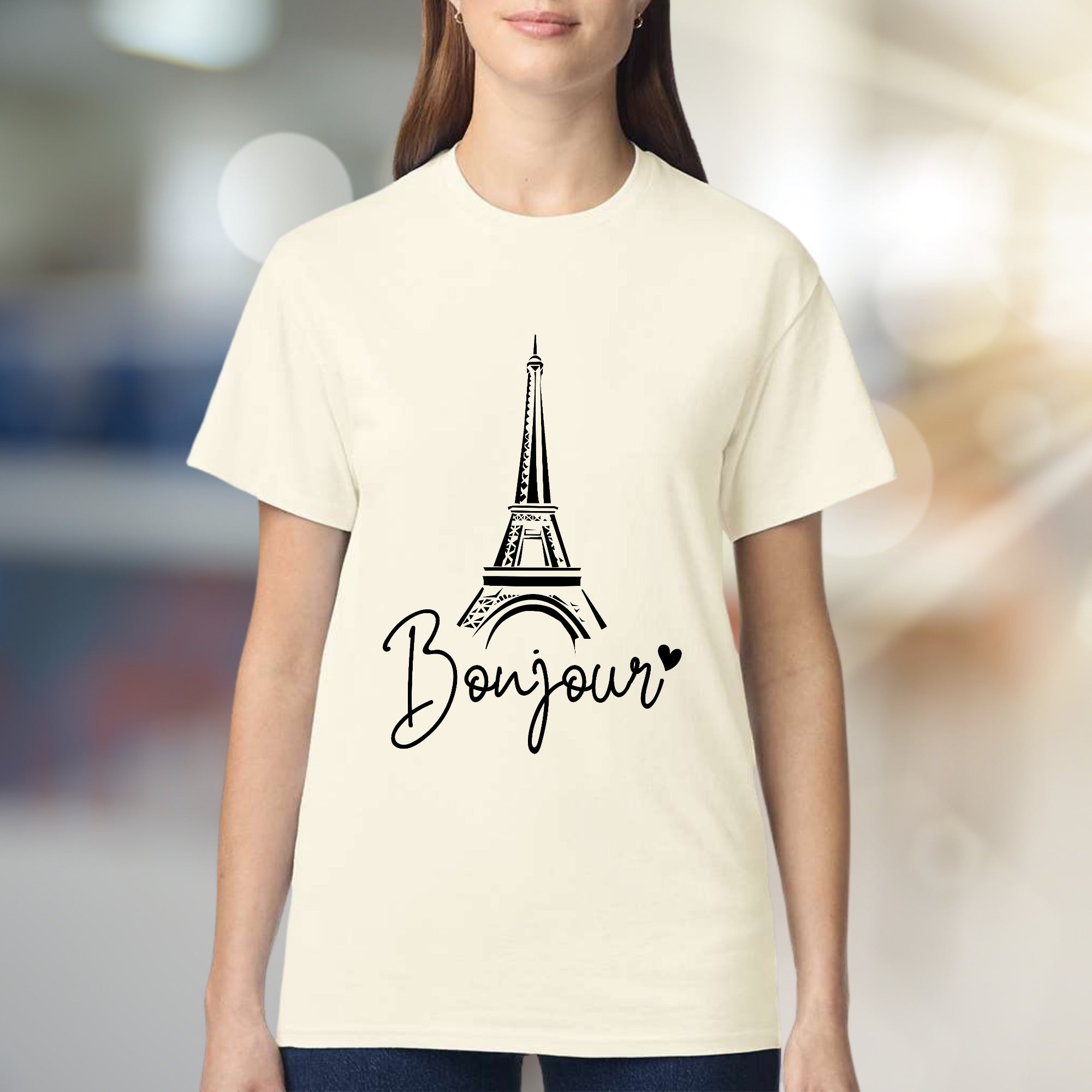 "Bonjour" Eiffel Tower Graphic Tee, a Parisian Chic Pick for Travelers