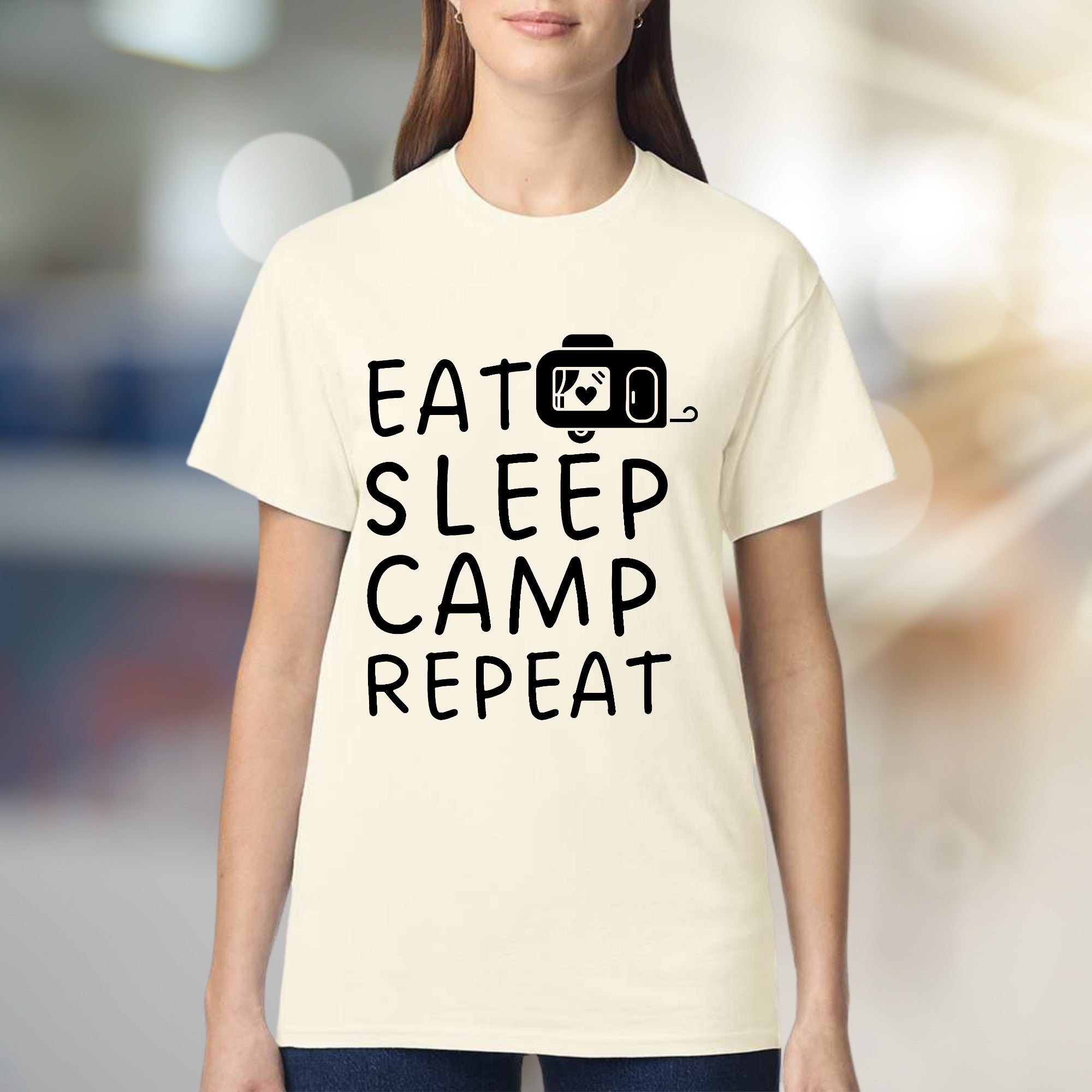 "EAT SLEEP CAMP REPEAT" Camper Graphic Tee, a Outdoorsy Pick for Enthusiasts