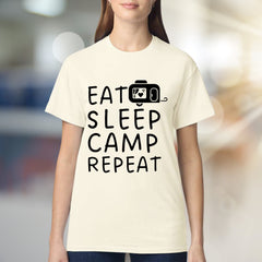"EAT SLEEP CAMP REPEAT" Camper Graphic Tee, a Outdoorsy Pick for Enthusiasts