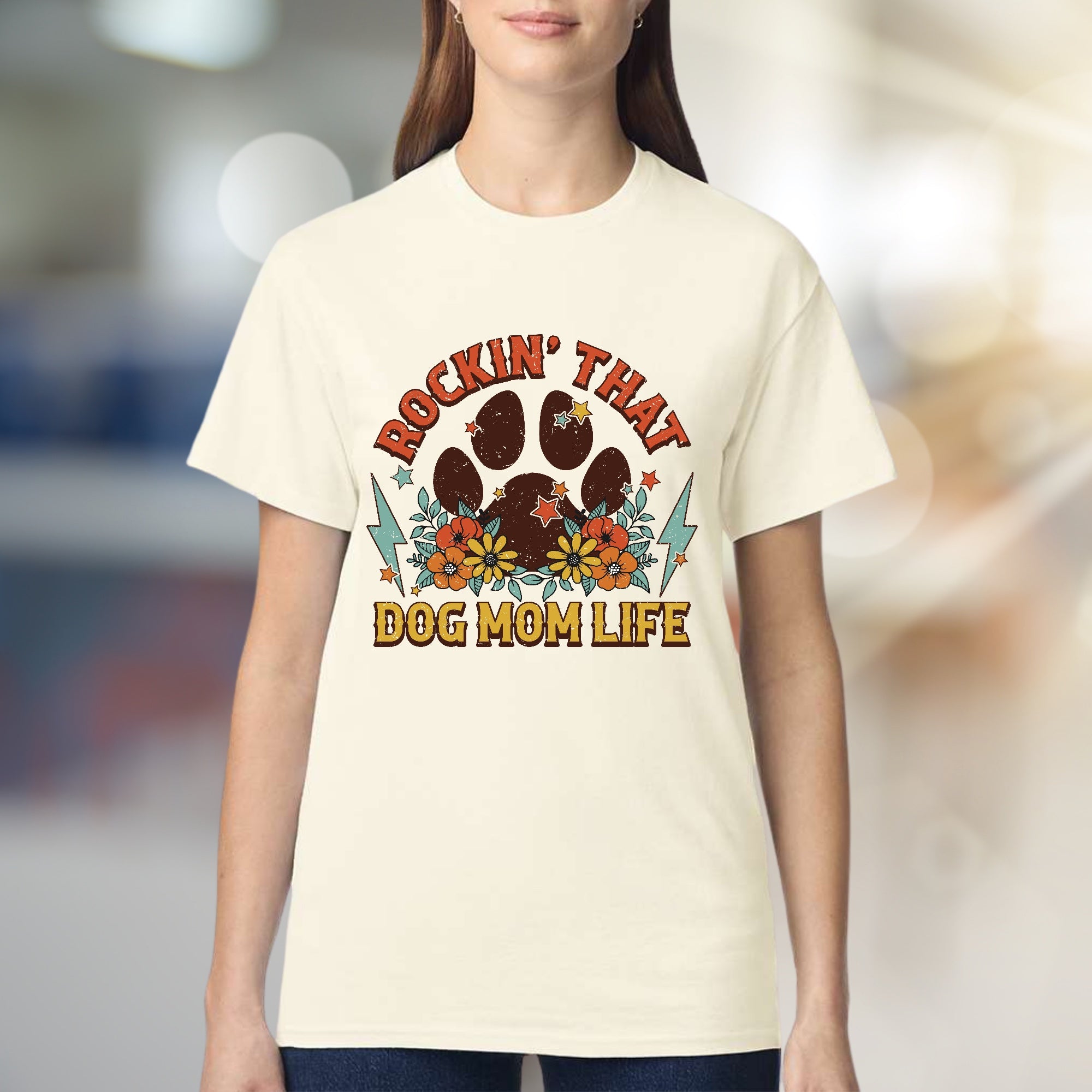 "Rockin' That Dog Mom Life" Retro Dog Mama Graphic Tee, a Paw Print Style Pick for Pet Owners