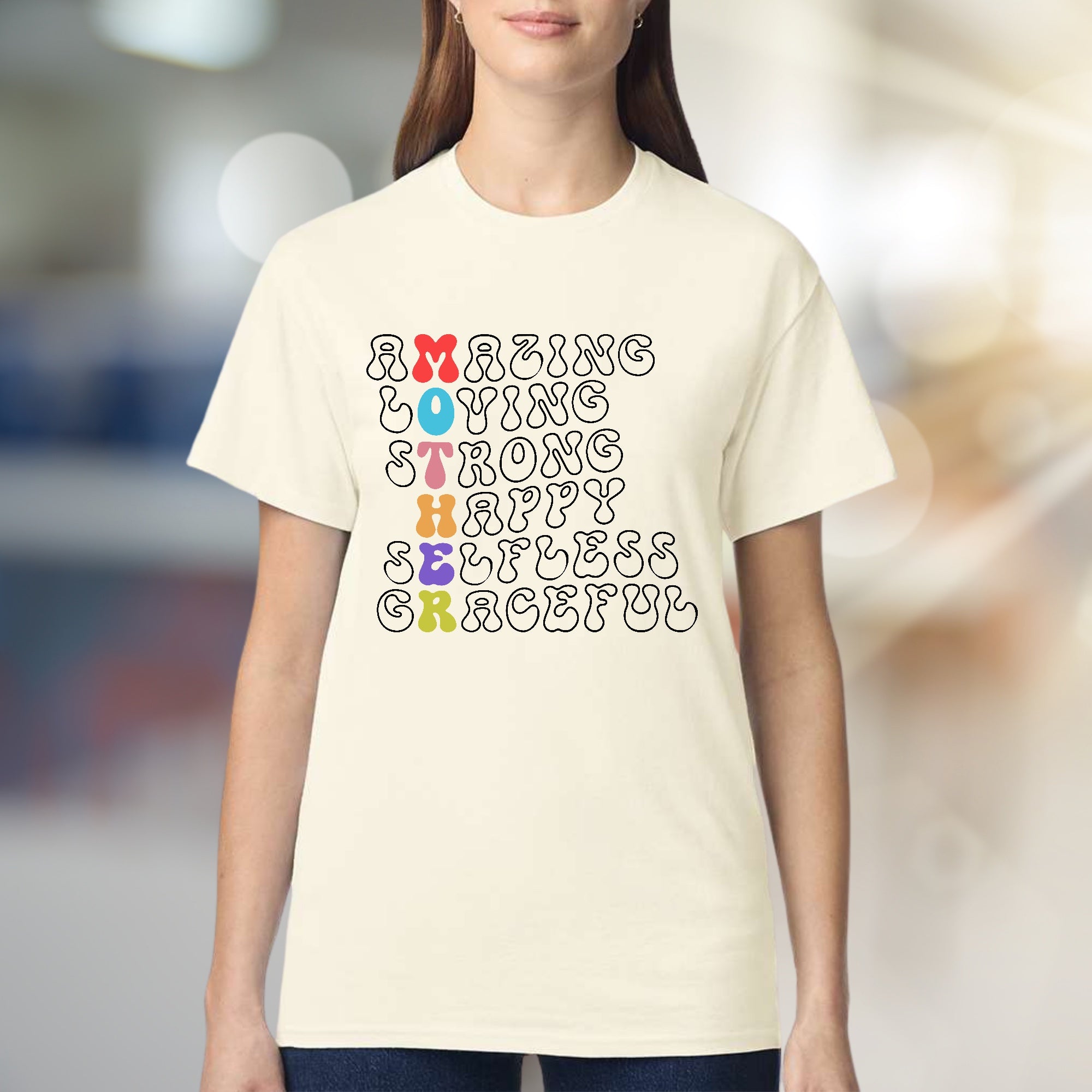 "Amazing Loving Strong Happy Selfless Graceful" Motherhood Graphic Tee, a Heartfelt Pick for Moms