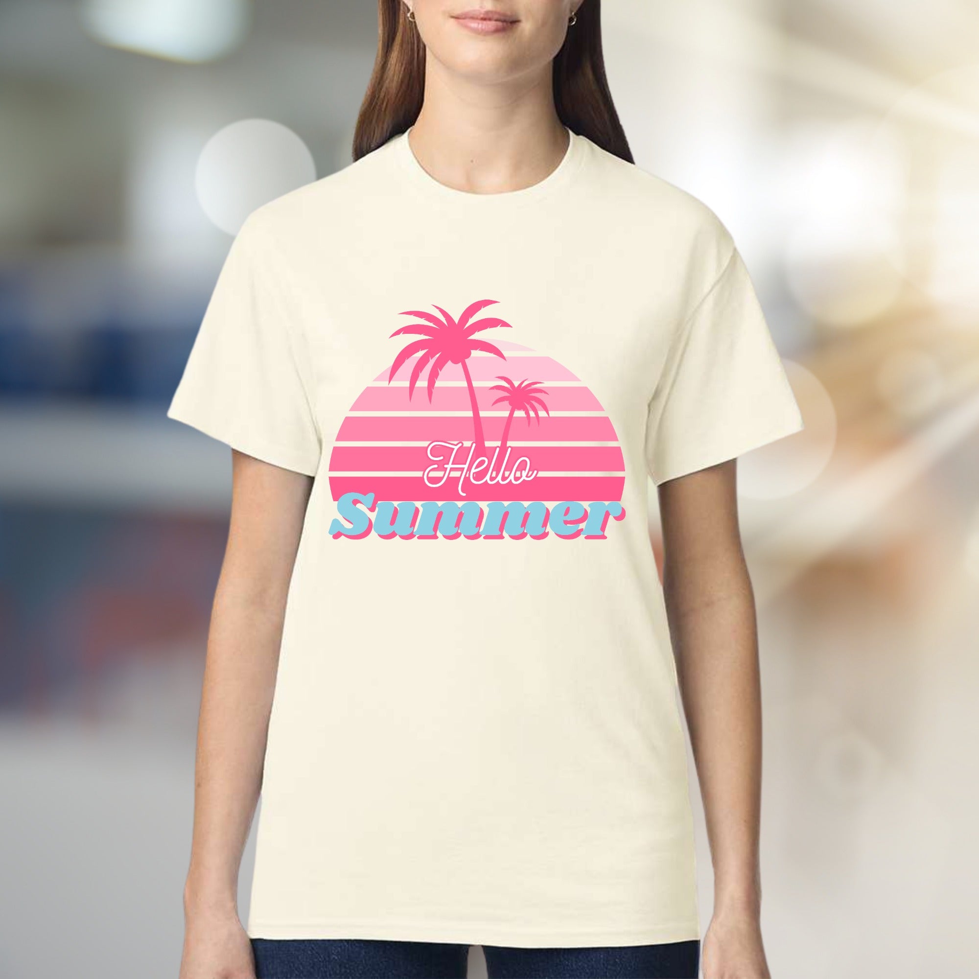"Hello Summer" Tropical Sunset Graphic Tee, a Vacation Vibes Pick for Beach Lovers