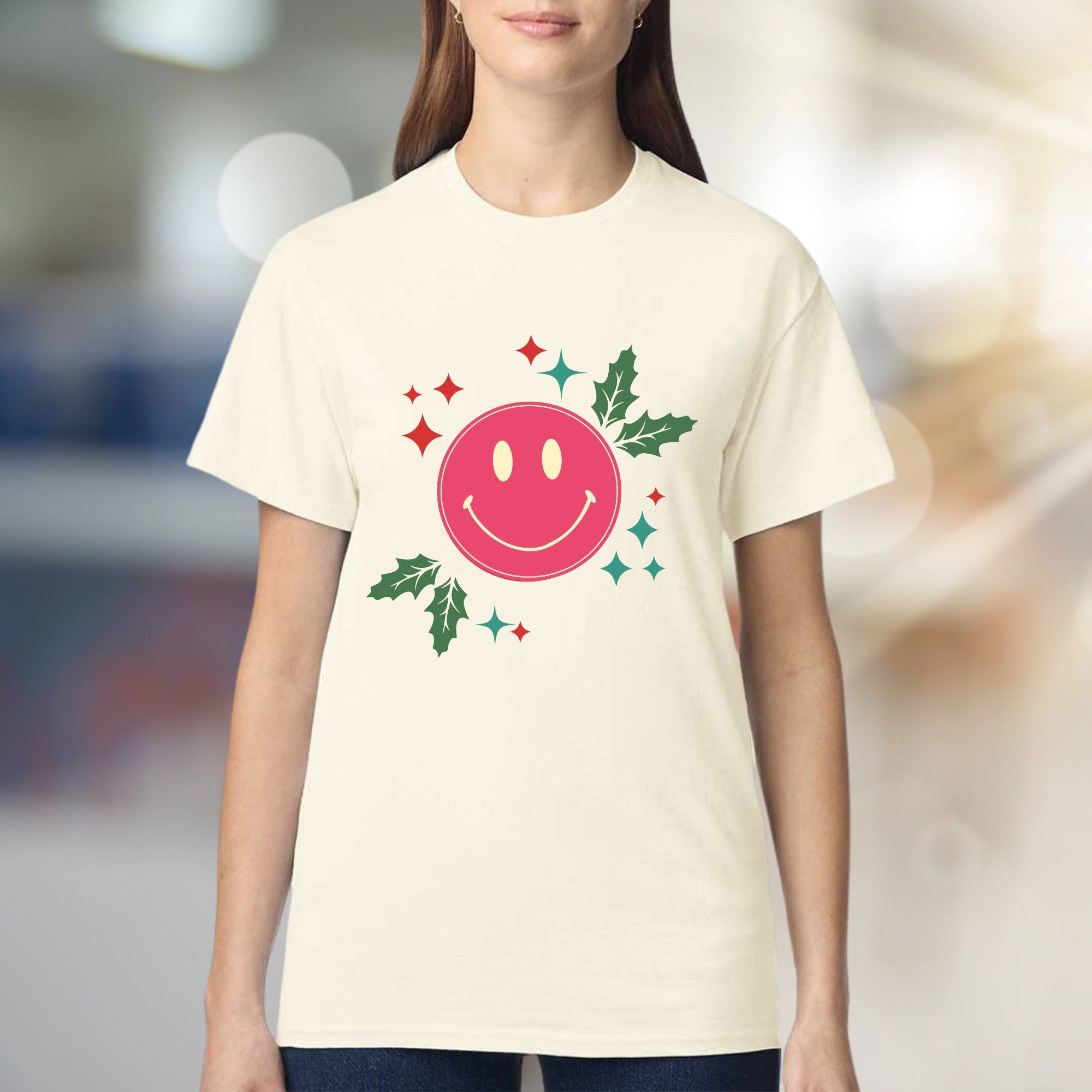 Happy Holly Jolly Smile Face Graphic Tee, a Festive Comfort Pick for Joyful Spirits
