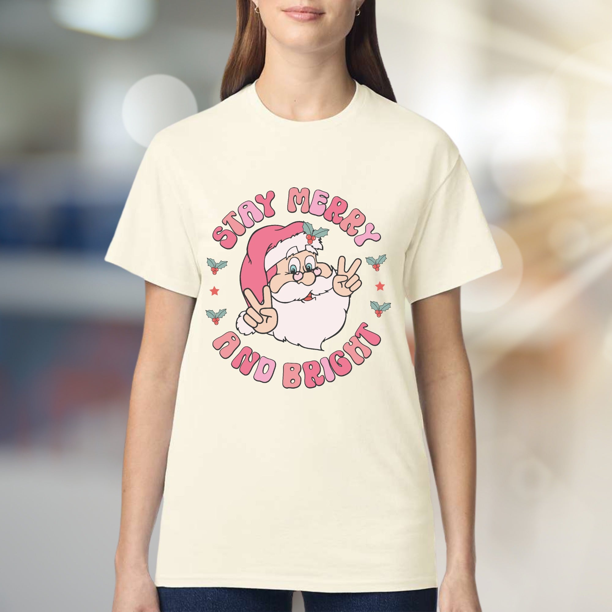 "Stay Merry and Bright" Groovy Santa Graphic Tee, a Retro Christmas Pick for Holiday Lovers