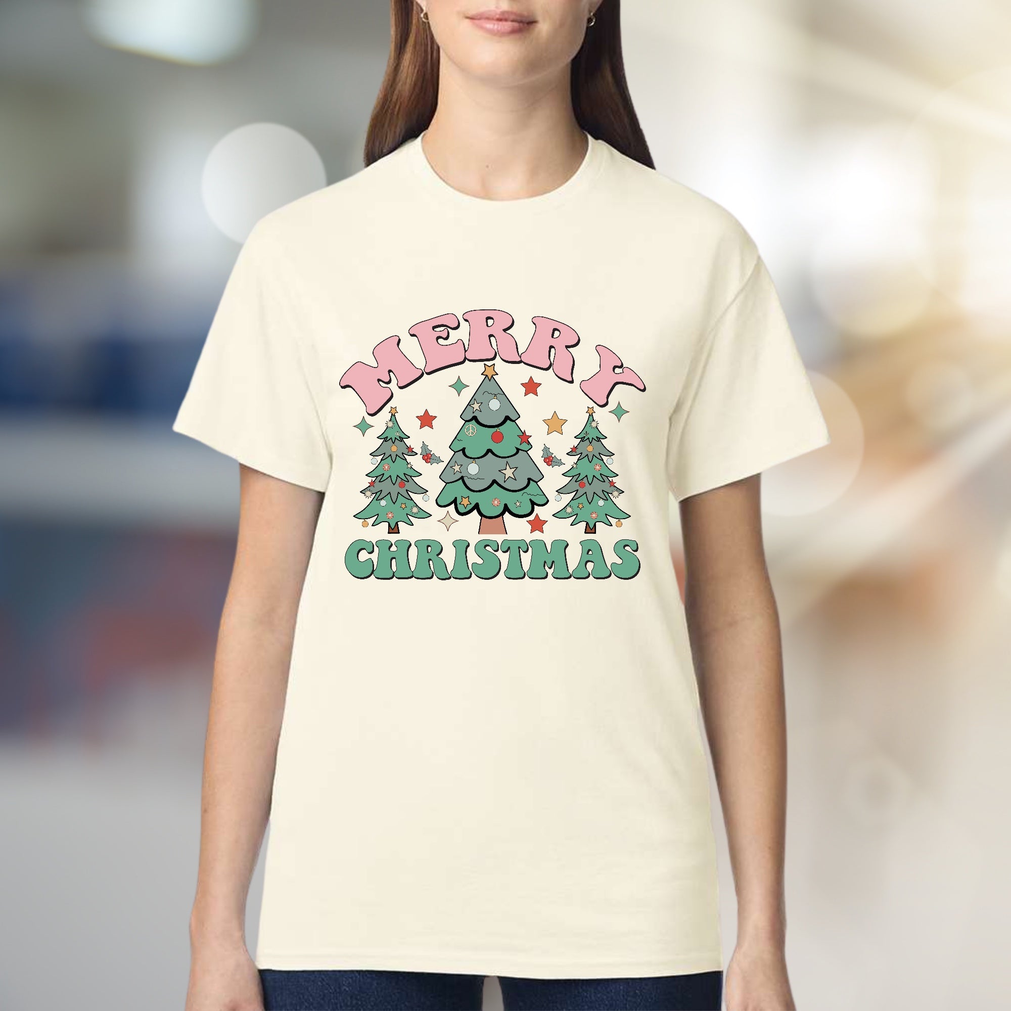 "Merry Christmas" Retro Christmas Trees Graphic Tee, a Festive Holiday Pick for Everyone