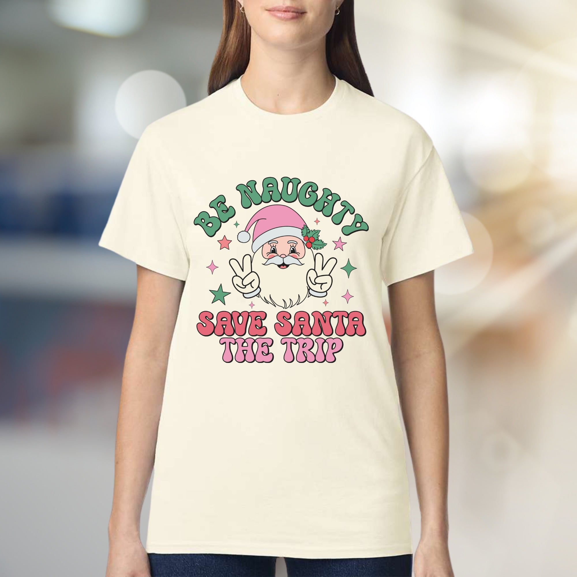 "Be Naughty Save Santa The Trip" Groovy Santa Graphic Tee, a Funny Christmas Pick for Holiday Lovers