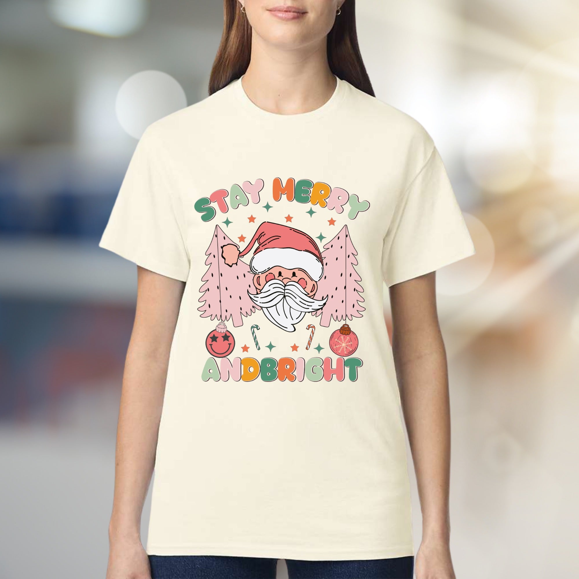 "Stay Merry and Bright" Festive Santa Graphic Tee, a Whimsical Holiday Pick for Everyone