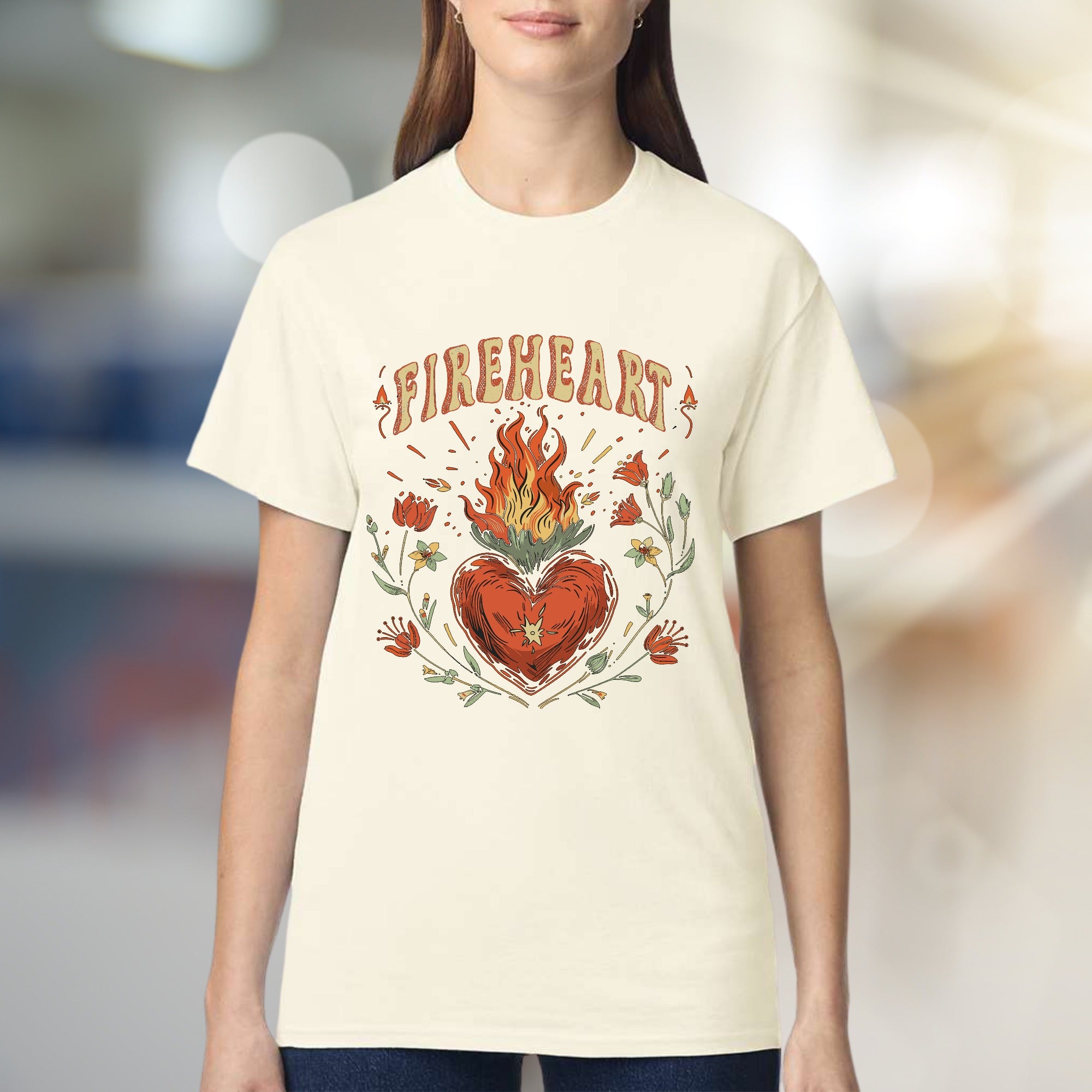 "FIREHEART" Mystical Bloom Graphic Tee, a Boho Chic Pick for Free Spirits