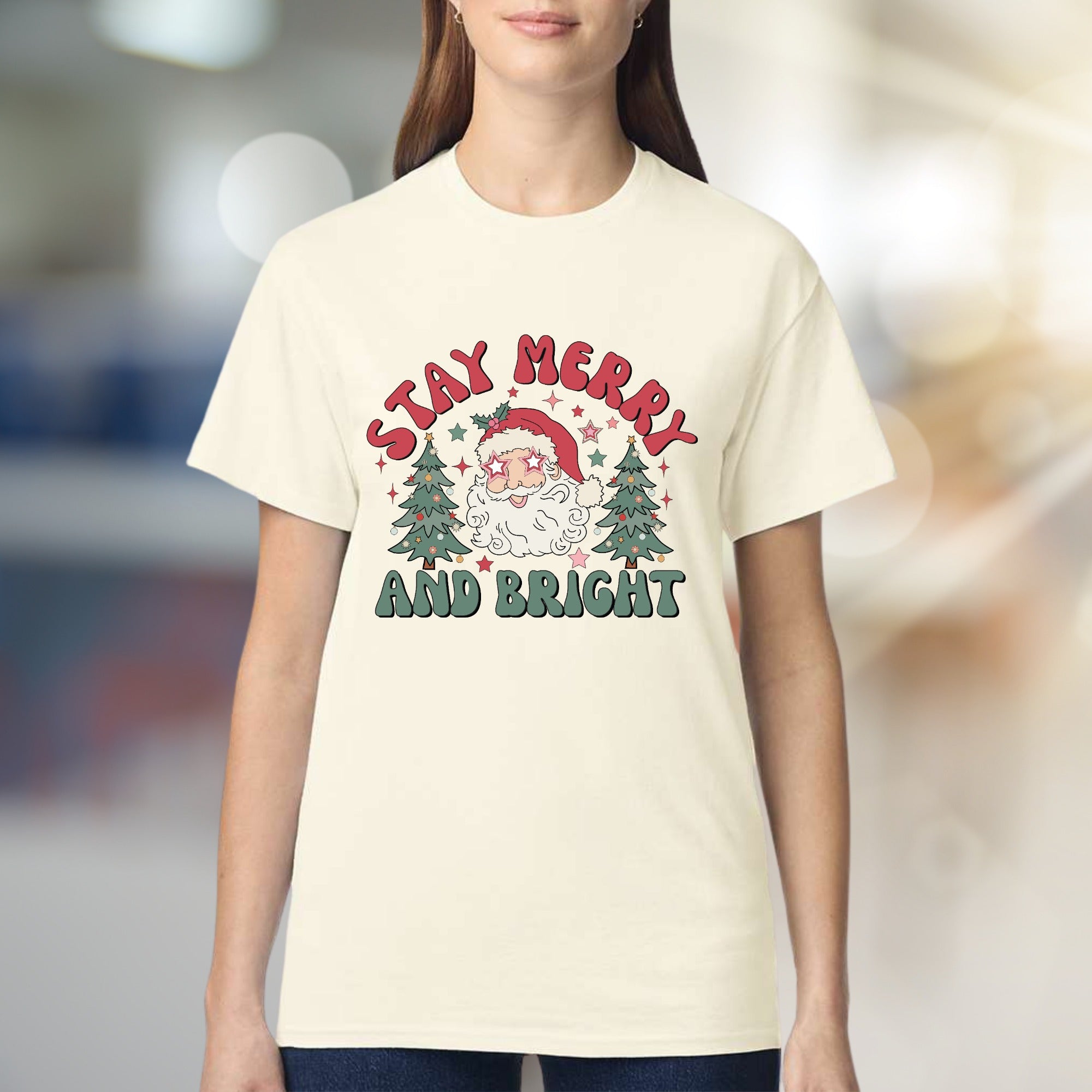 "Stay Merry and Bright" Festive Santa Graphic Tee, a Retro Christmas Pick for Holiday Lovers