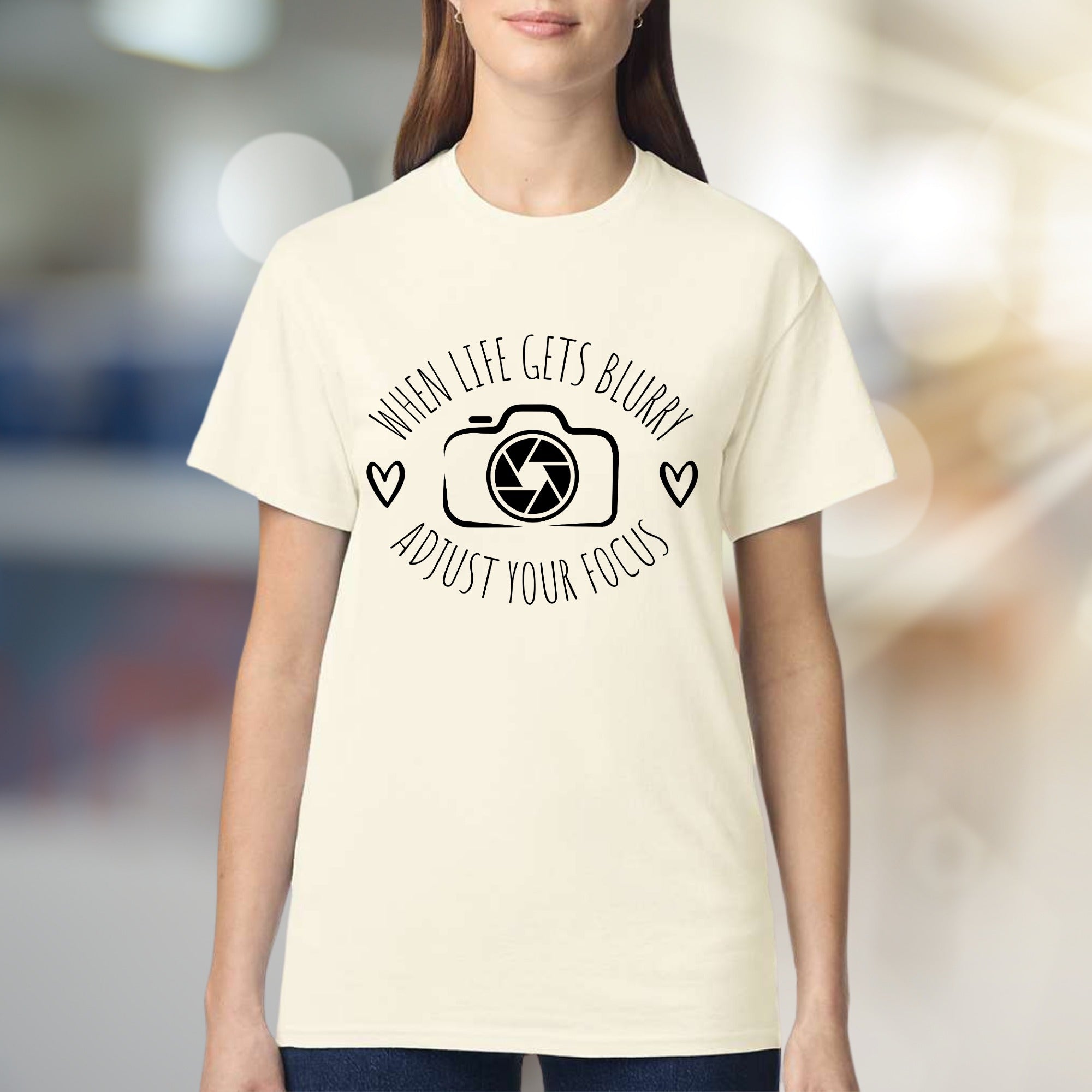 "When Life Gets Blurry Adjust Your Focus" Camera Graphic Tee, a Motivational Pick for Creatives