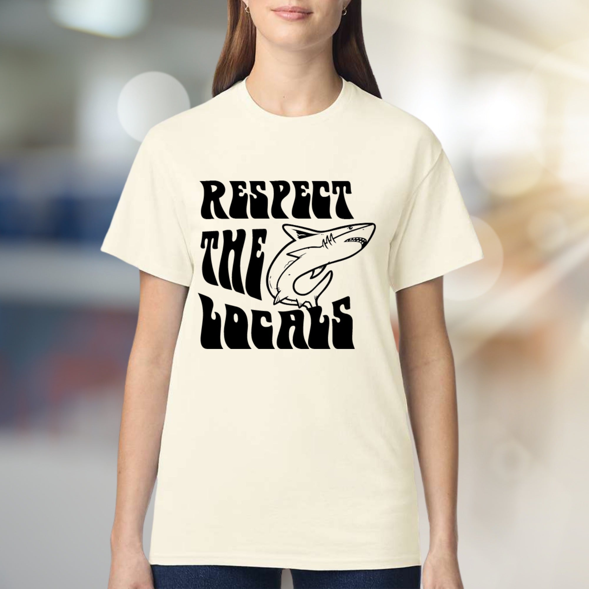 "Respect The Locals" Shark Graphic Tee, A Coastal-Cool Pick for Ocean Lovers