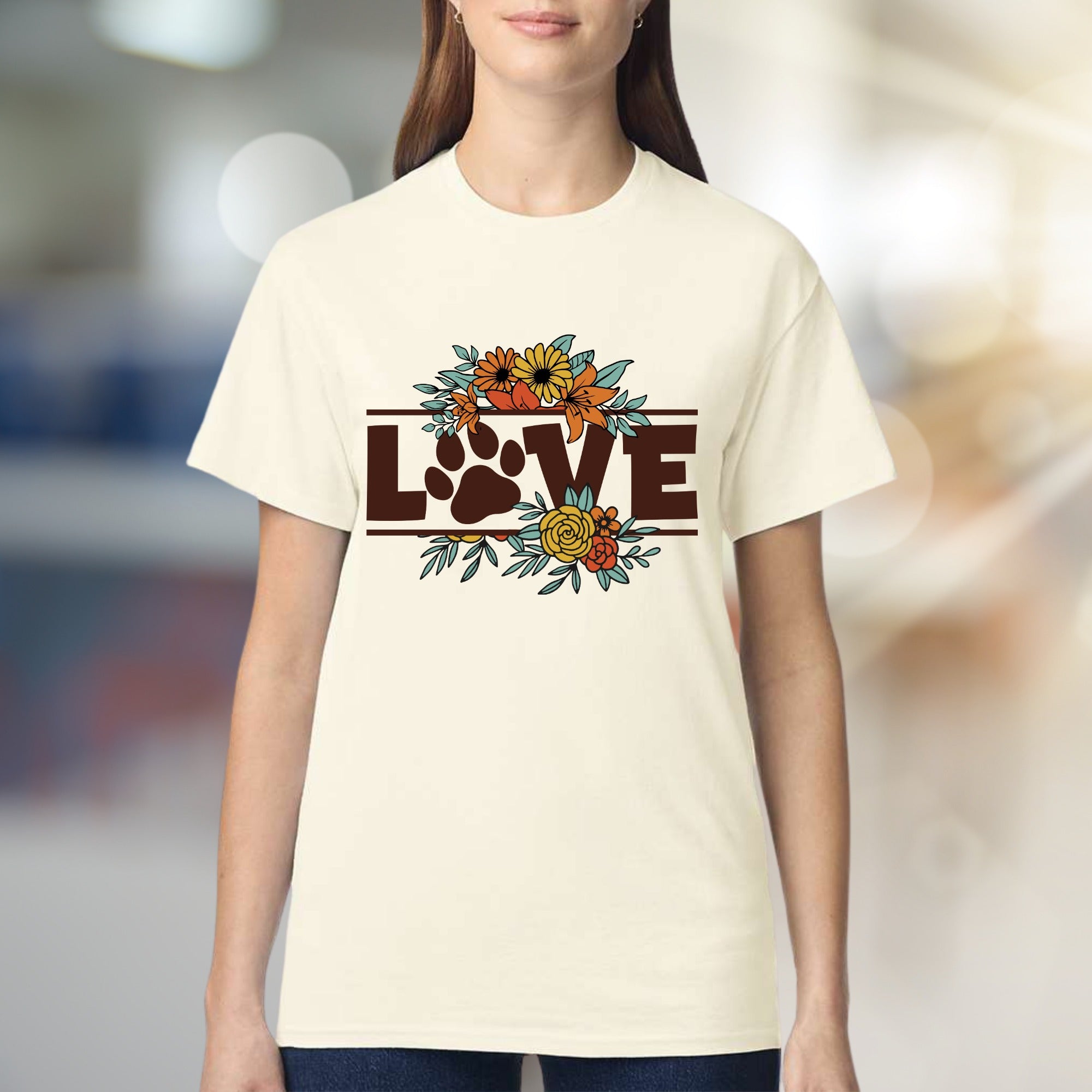 "LOVE" Floral Paw Print Graphic Tee, a Bohemian Pet Lover's Pick for Everyday Style
