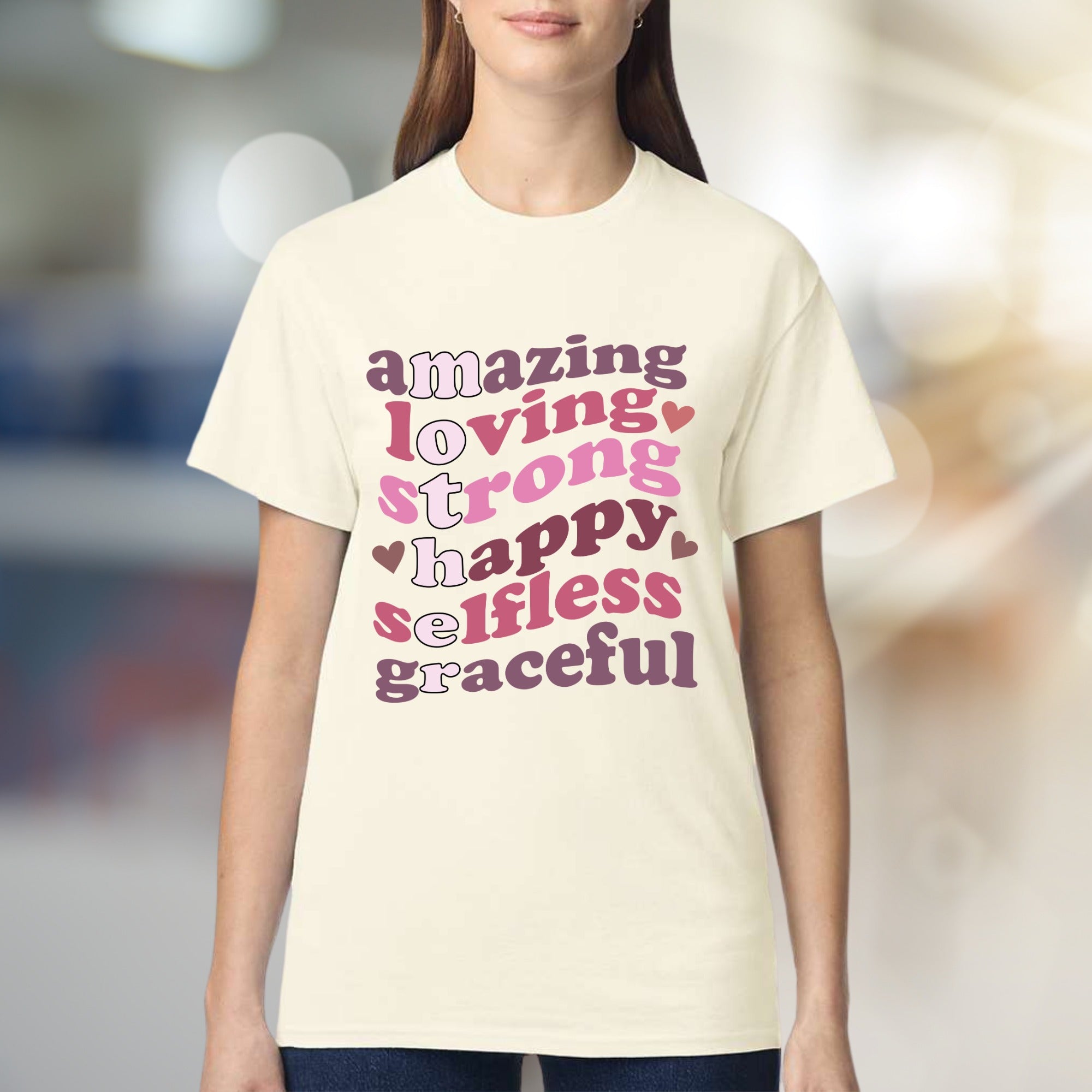 "Amazing Loving Strong Happy Selfless Graceful" Empowering Groovy Graphic Tee, a Self-Love Pick for Her