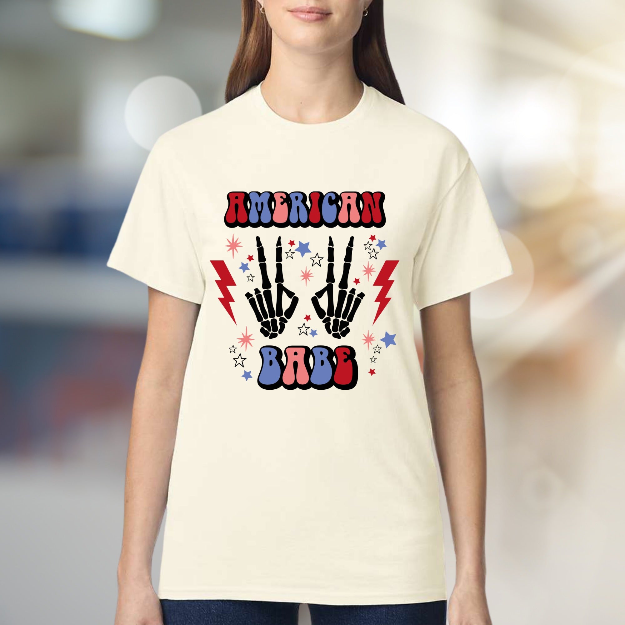 "AMERICAN BABE" Retro Patriotic Skeleton Tee, a Groovy Pick for Free Spirits