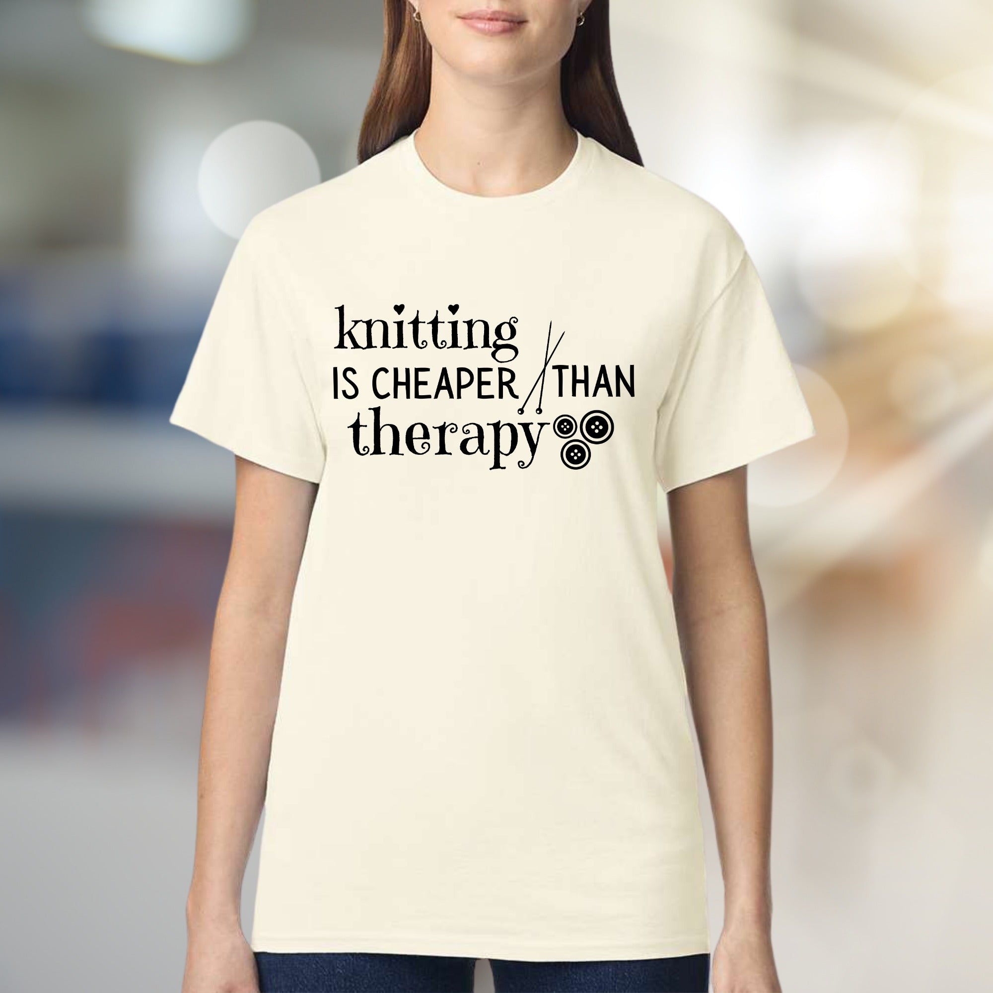 "Knitting is Cheaper Than Therapy" Crafty Graphic Tee, A Creative Comfort Pick for Makers
