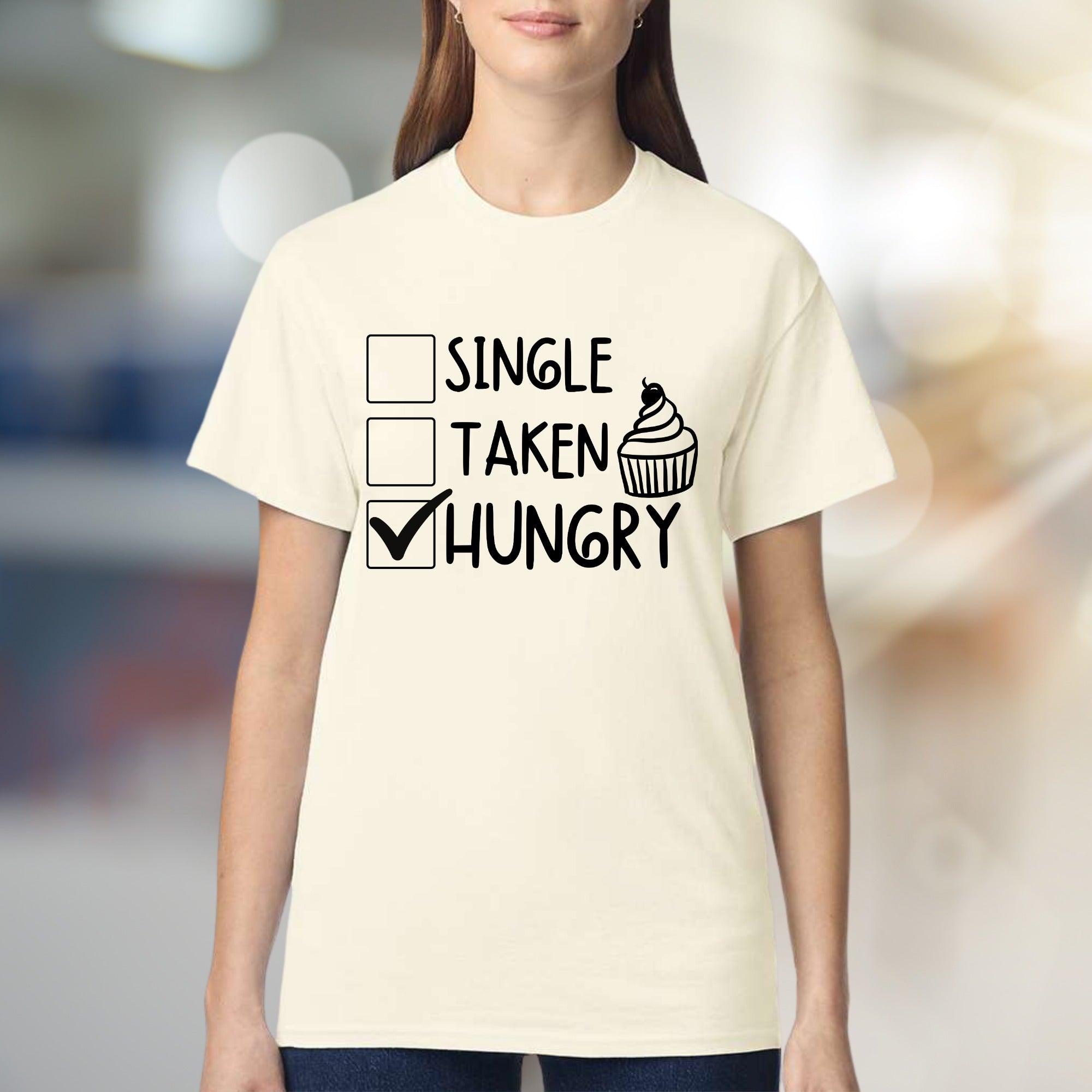 "Single, Taken, Hungry" Funny Graphic Tee, a Quirky Pick for Foodies
