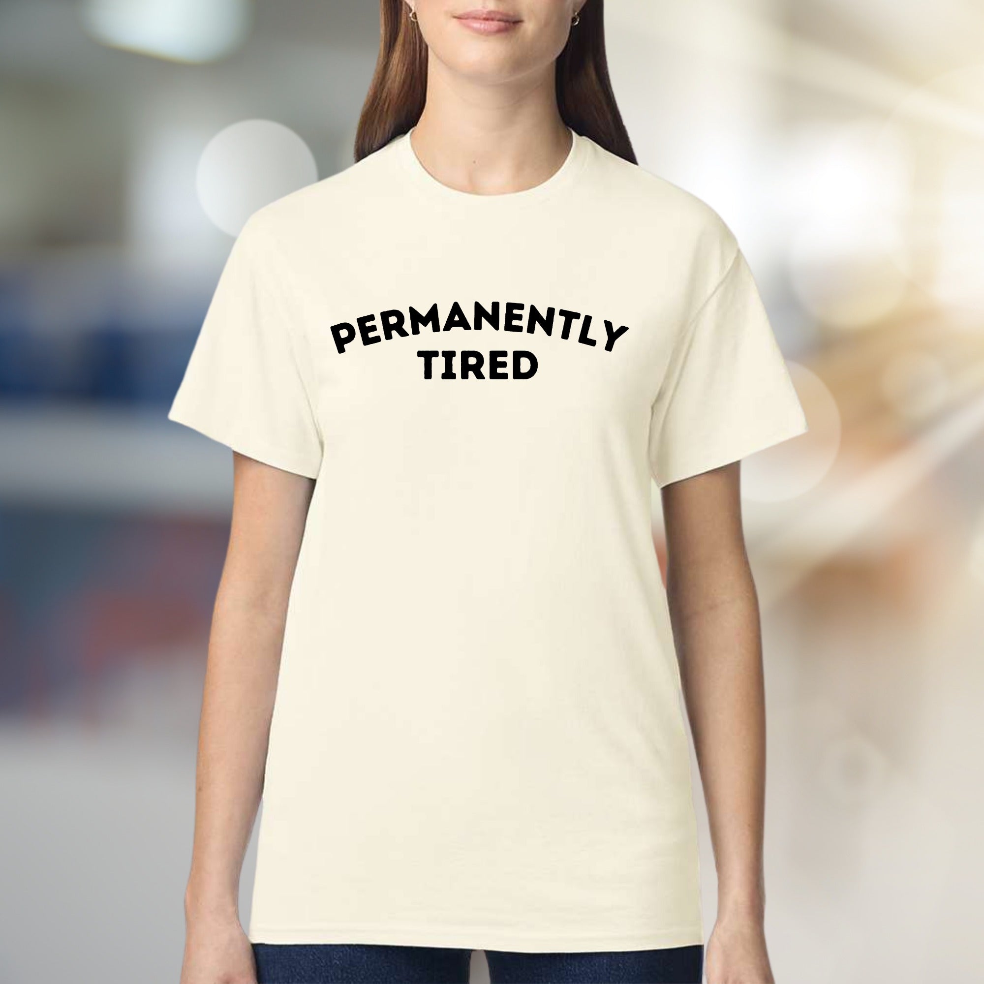"Permanently Tired" Slogan Graphic Tee, a Relatable Statement Top for Everyone