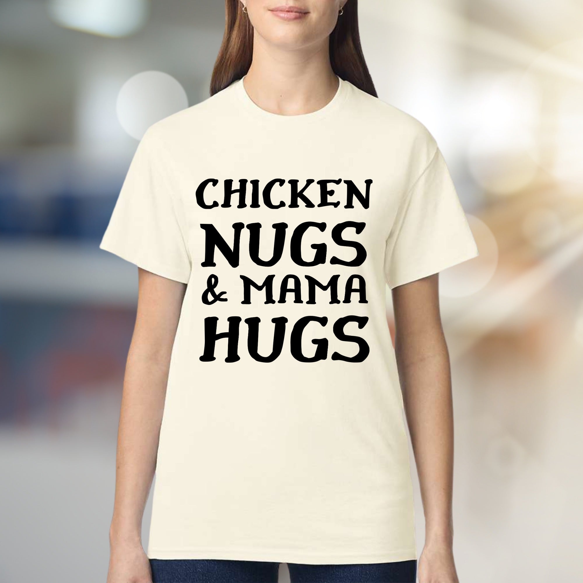 "Chicken Nugs & Mama Hugs" Whimsical Mom Life Graphic Tee, a Comfort-First Choice for Everyday
