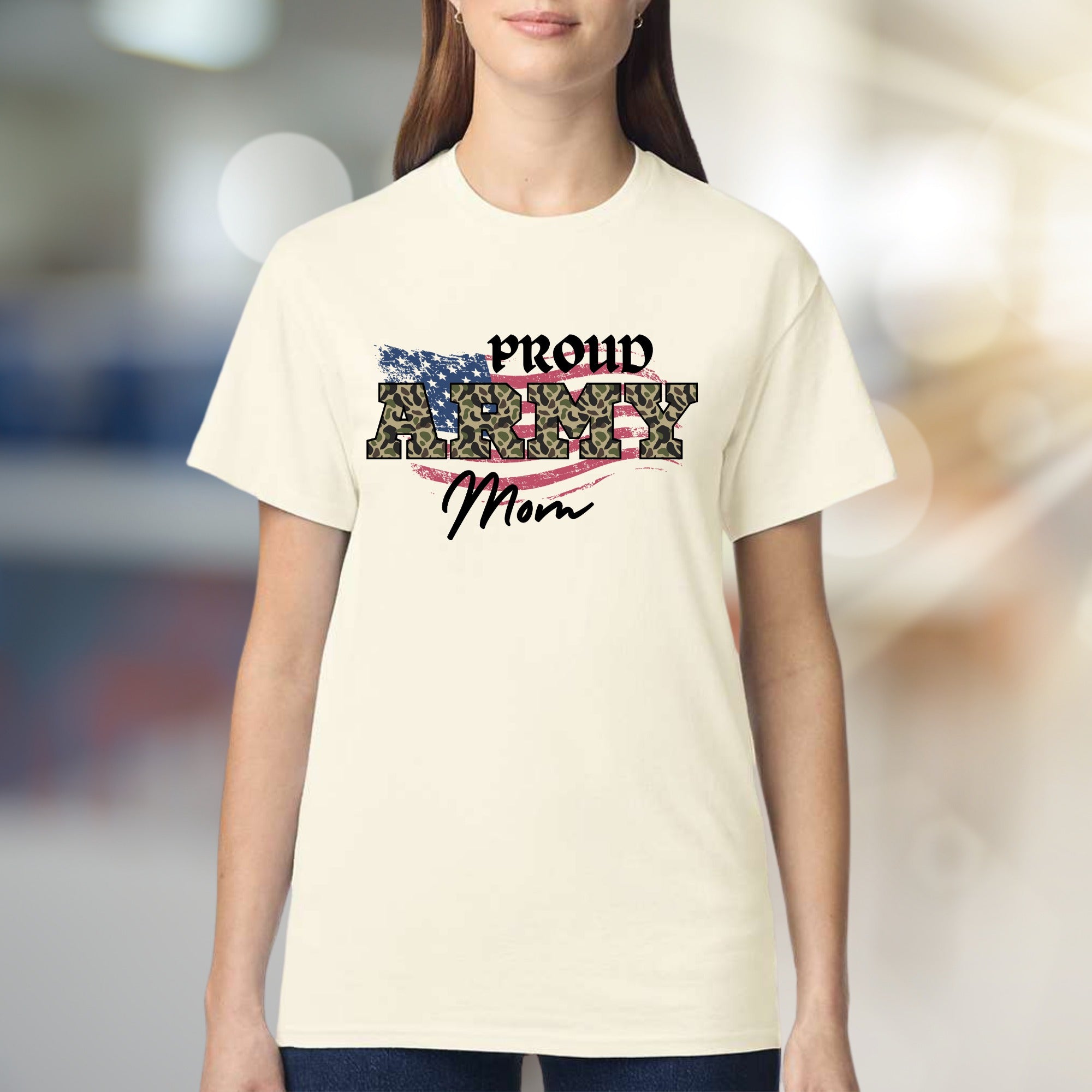 "Proud Army Mom" Flag Camo Graphic Tee, a Patriotic Pick for Military Families