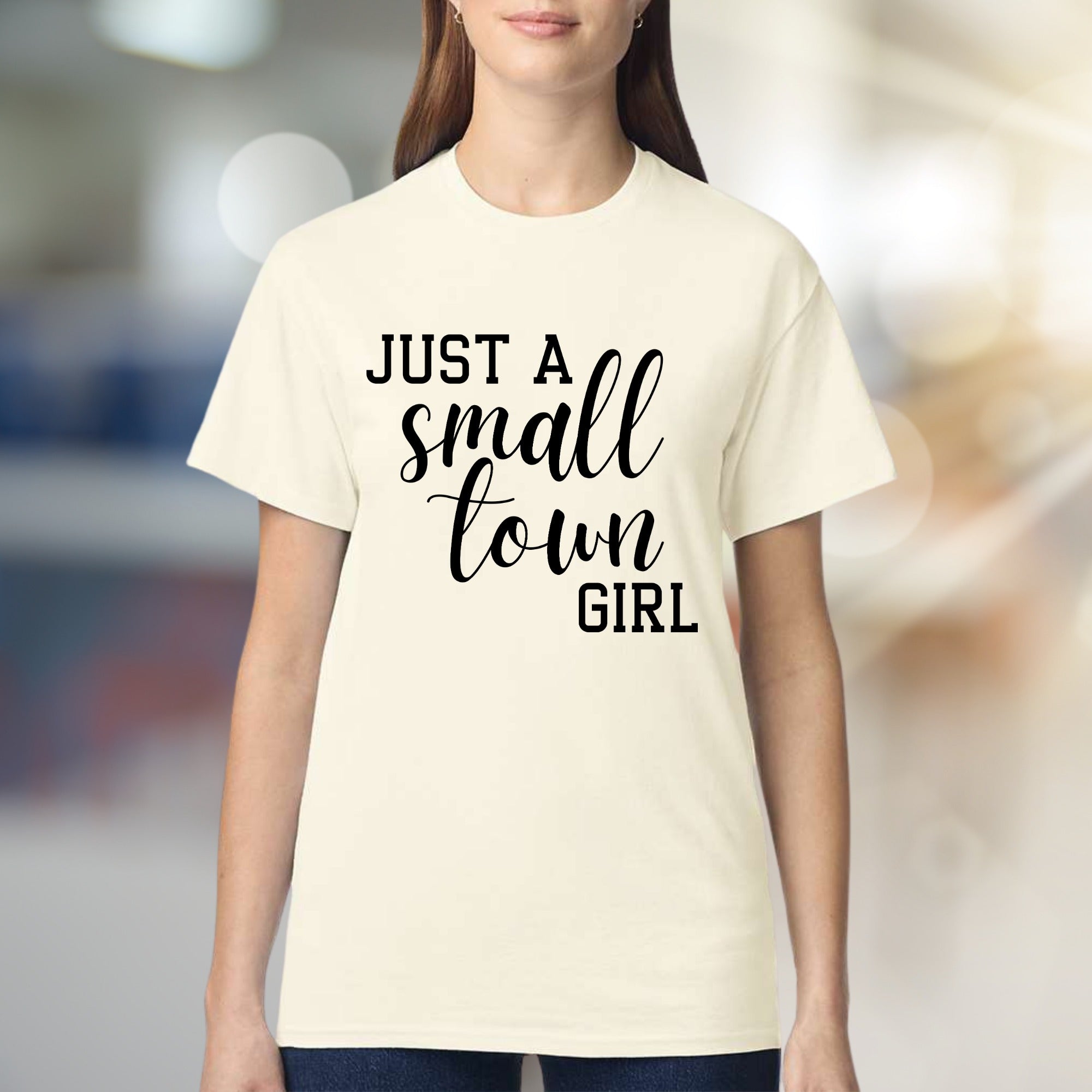 "JUST A SMALL TOWN GIRL" Script Graphic Tee, a Nostalgic Pick for Her