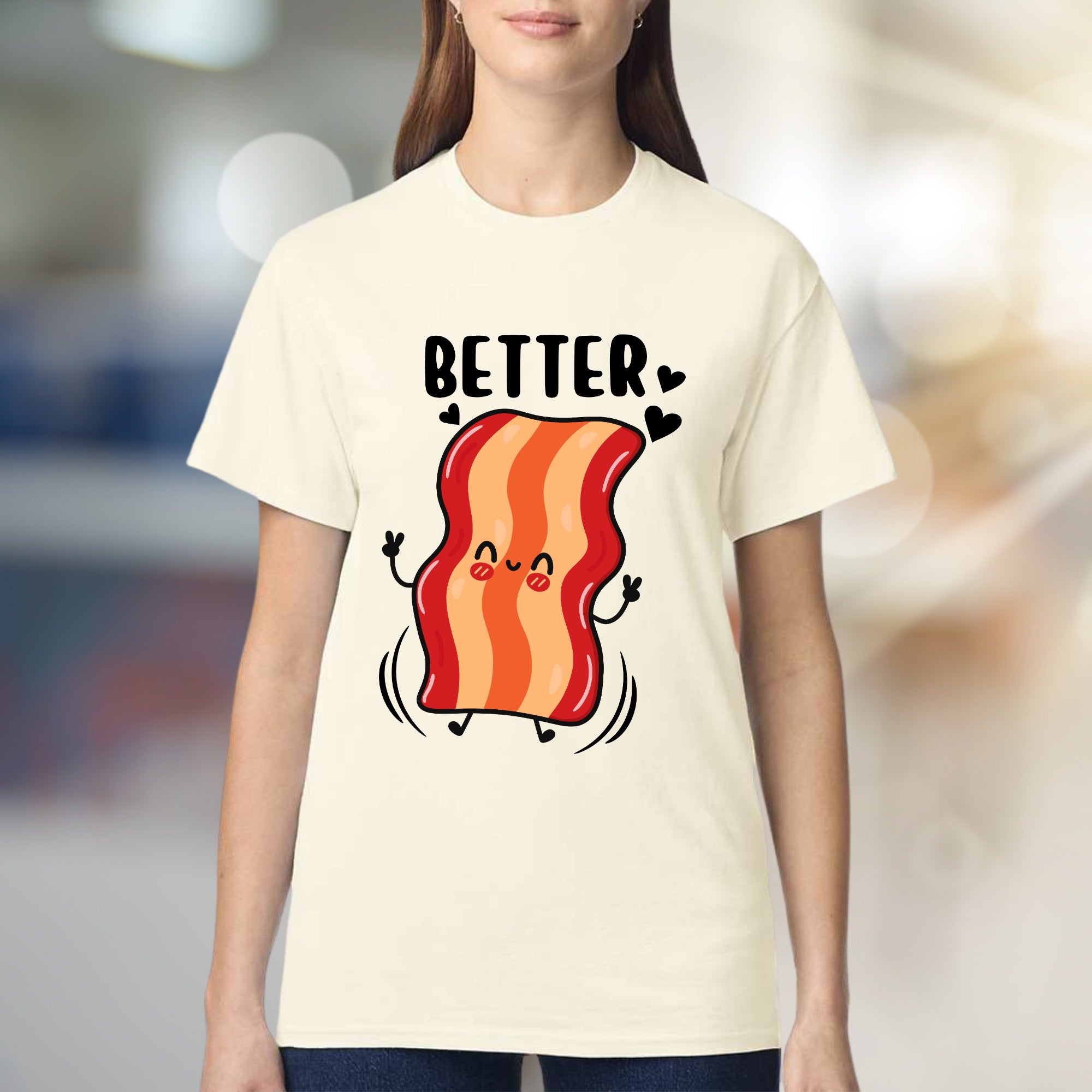 "BETTER" Cute Bacon Jumping Graphic Tee, a Fun Foodie Pick for Couples