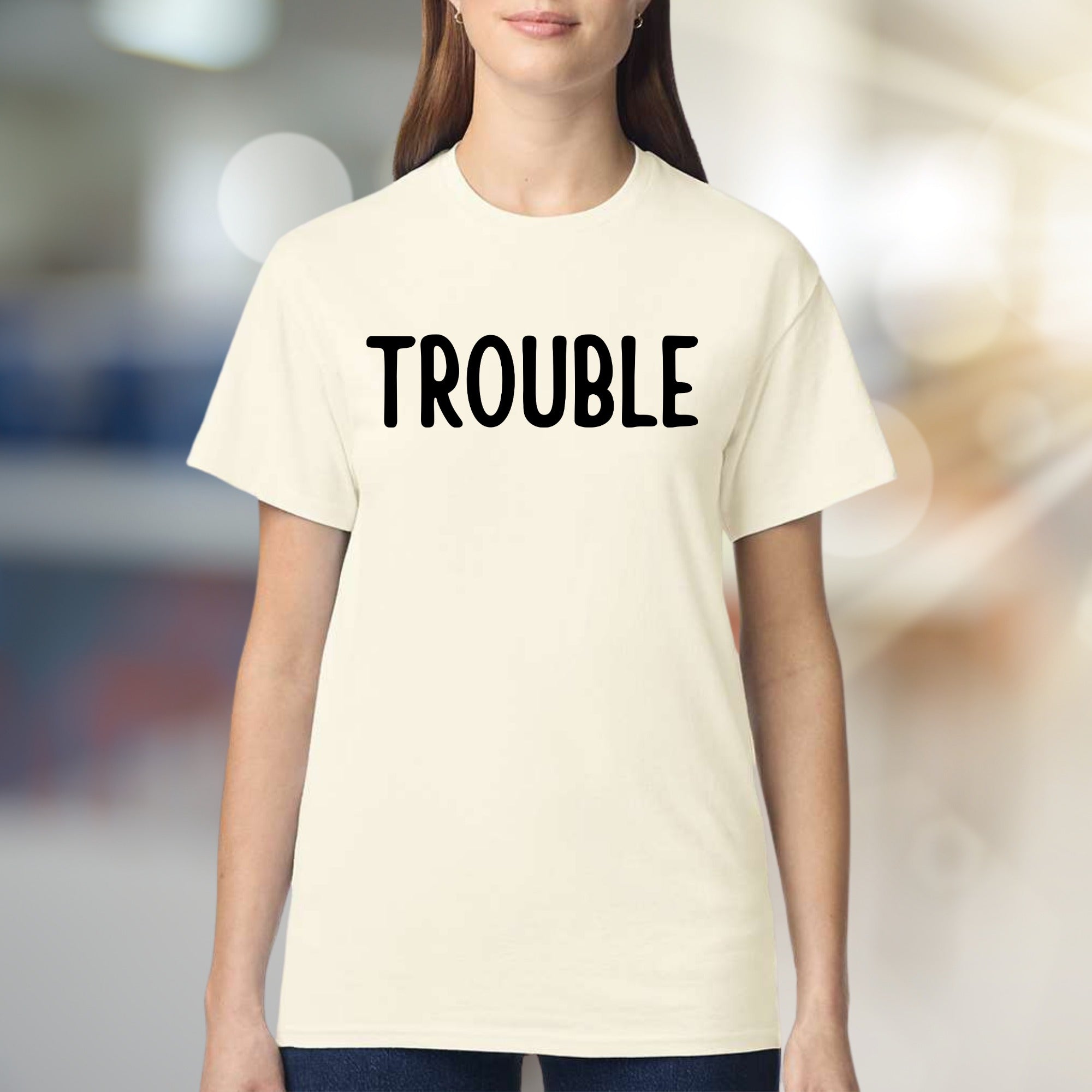 "TROUBLE" Bold Statement Graphic Tee, a Playful Pick for the Confident