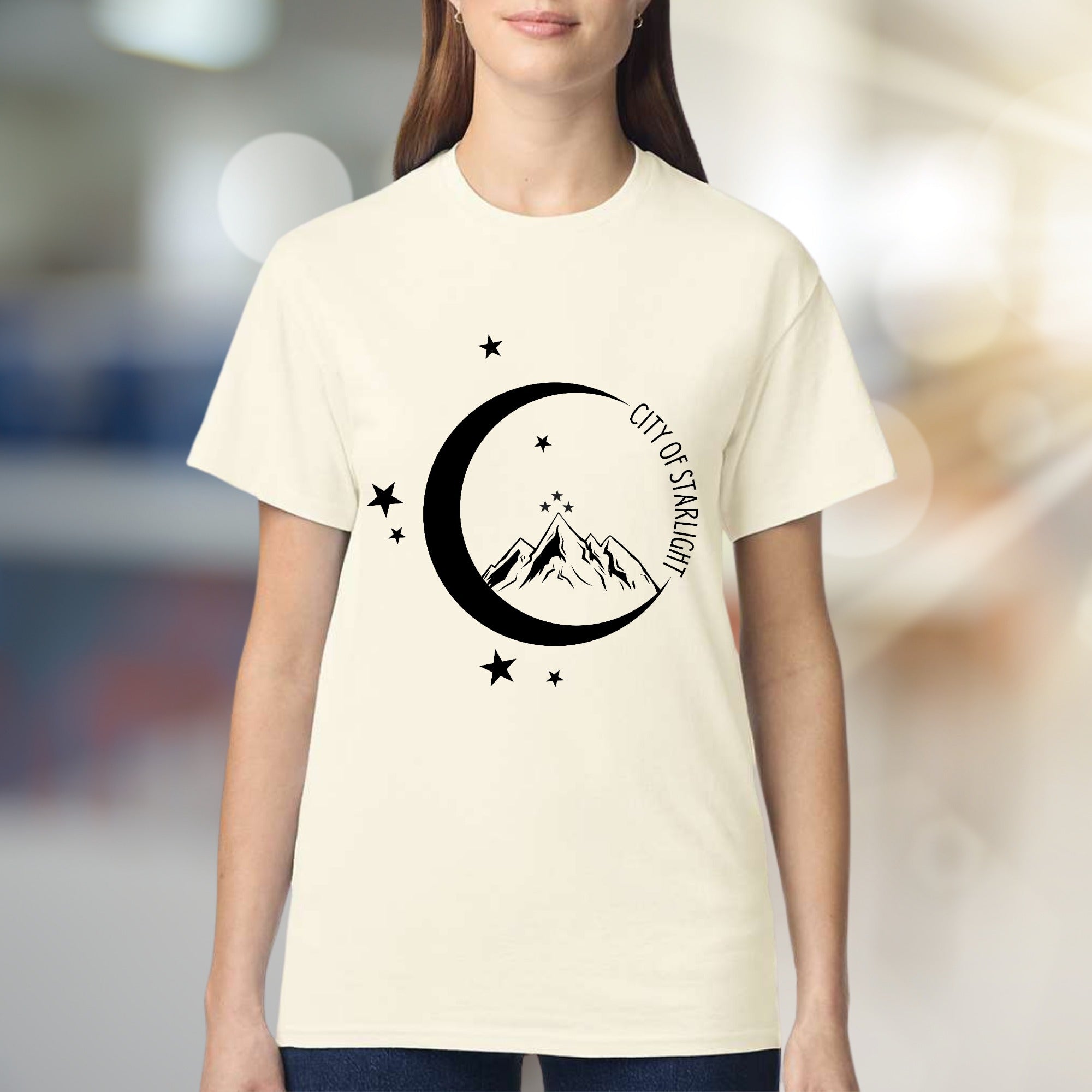 "City of Starlight" Mountain & Moon Graphic Tee, an Celestial Pick for Dreamers