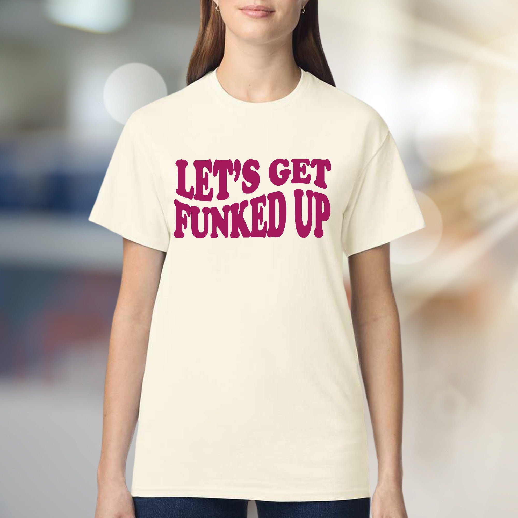 "LET'S GET FUNKED UP" Groovy Disco Graphic Tee, a Retro Vibe for Party Goers