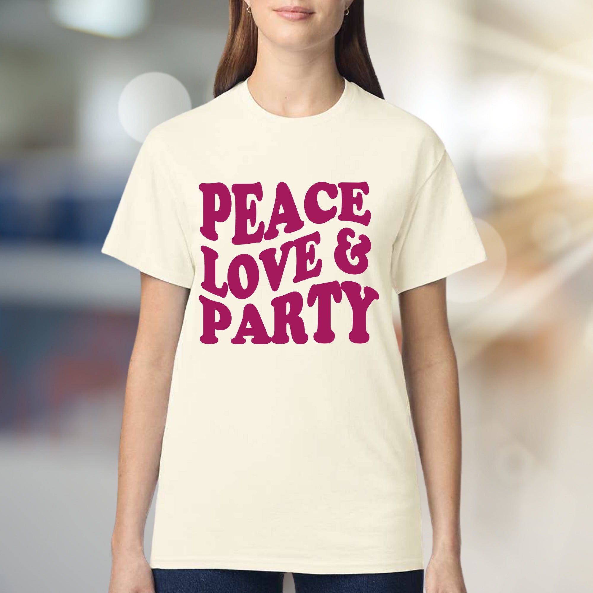 "Peace Love & Party" Groovy Graphic Tee, a Retro-Vibe Pick for Free Spirits