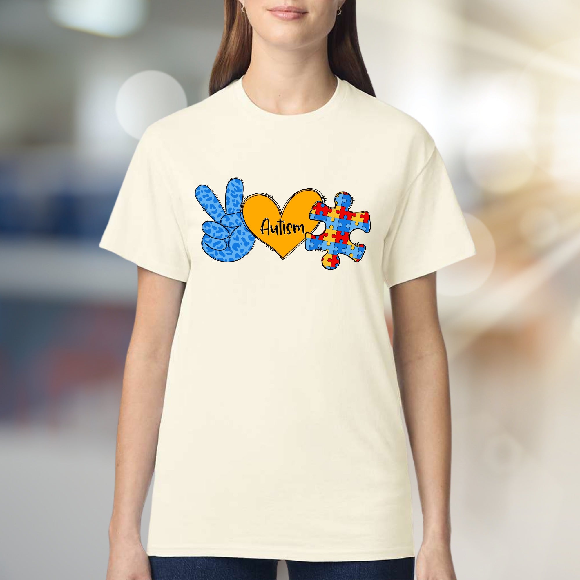 “Autism” Peace, Love & Puzzle Graphic Tee, a Supportive Awareness Pick for Advocates