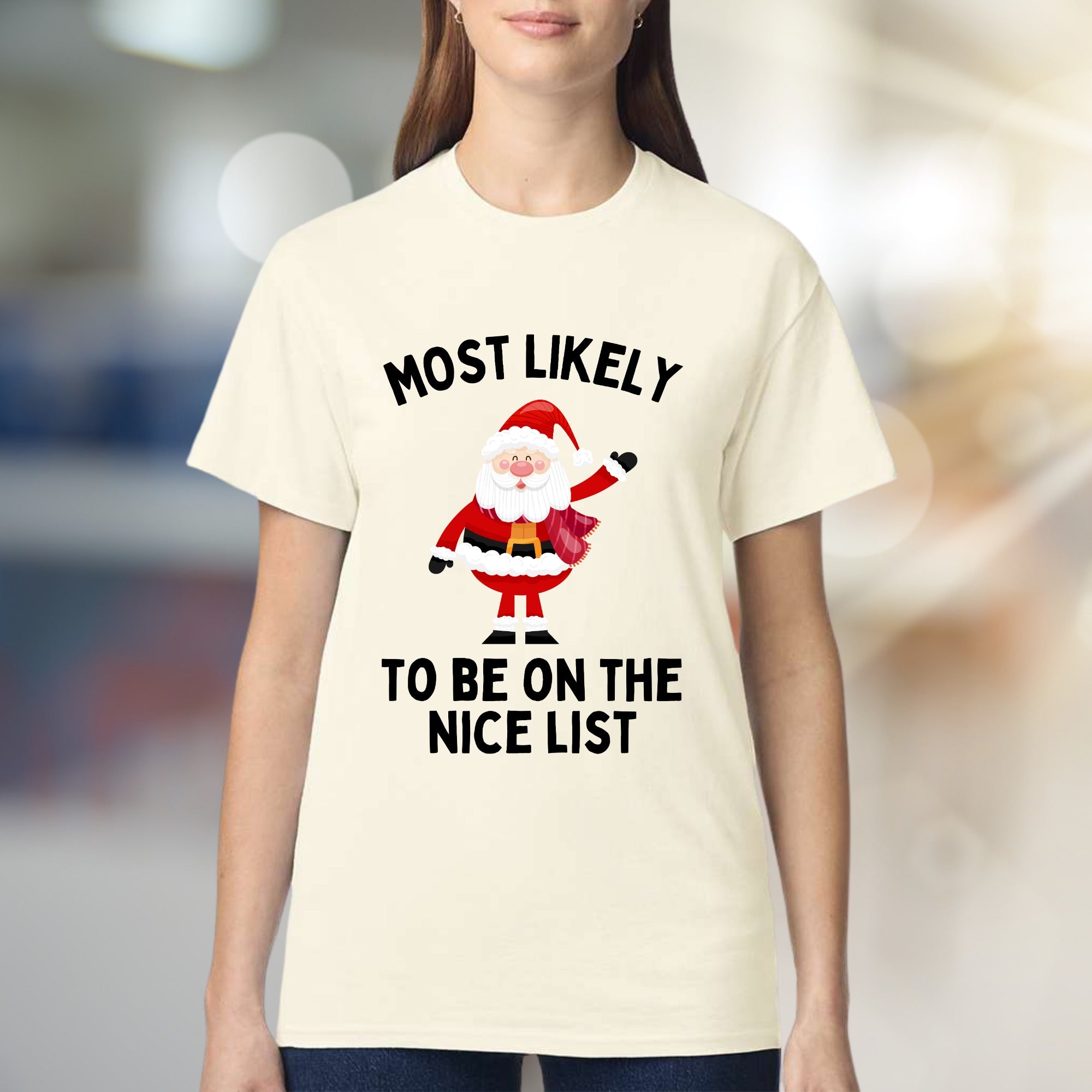 "Most Likely To Be On The Nice List" Jolly Santa Graphic Tee, a Festive Christmas Pick for Holiday Lovers