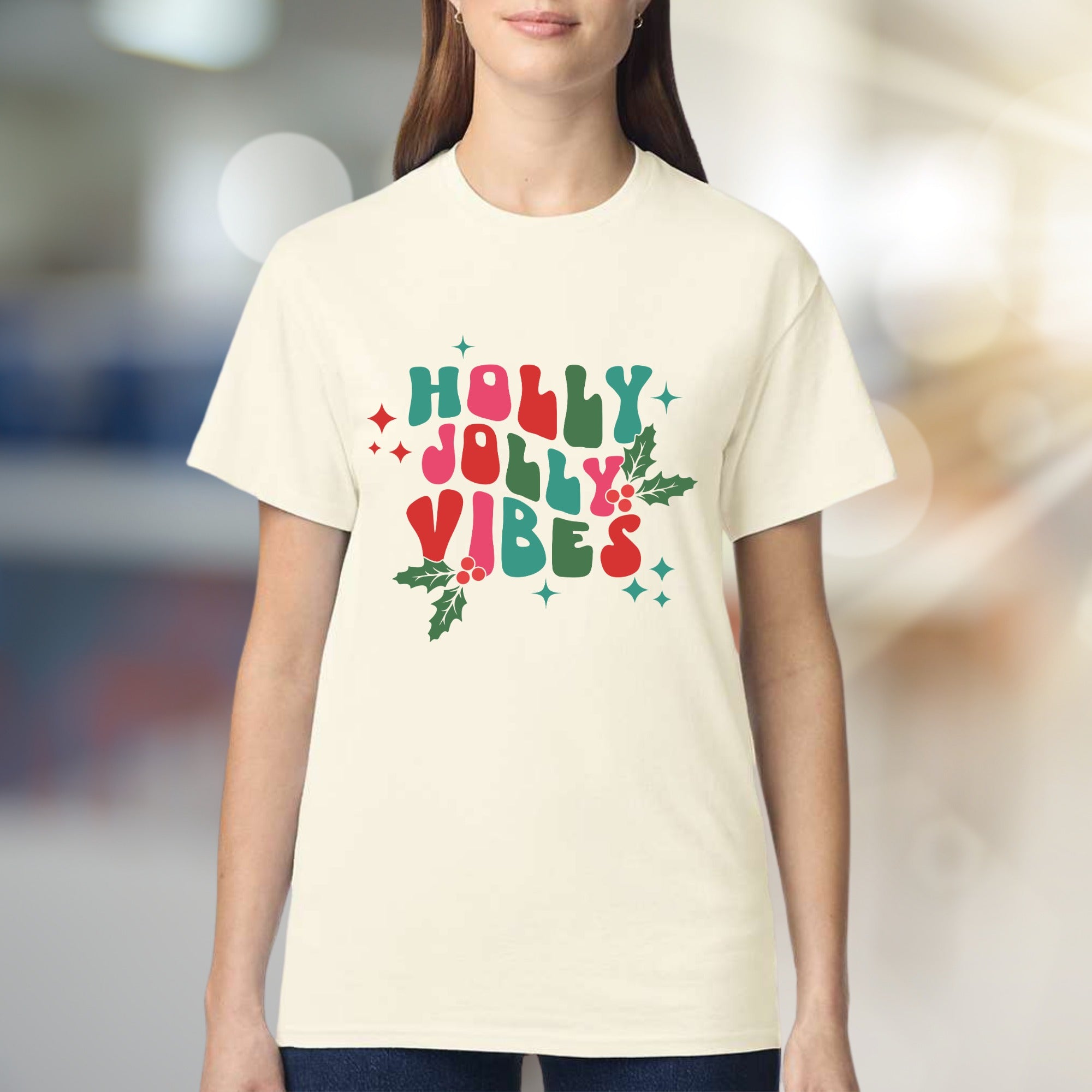 "Holly Jolly Vibes" Retro Christmas Graphic Tee, a Festive Niche Pick for Holiday Enthusiasts