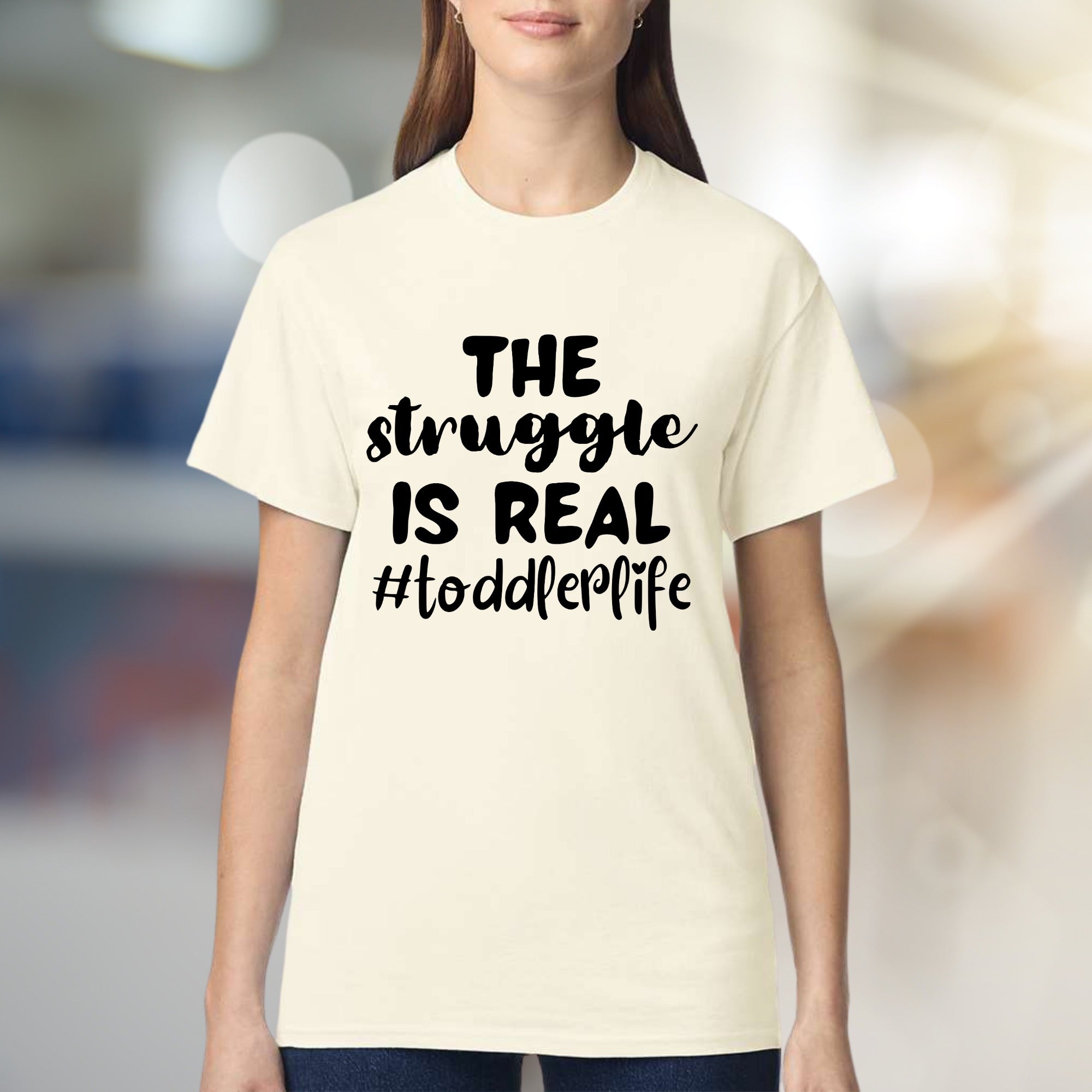 "THE STRUGGLE IS REAL #toddler life" Mom Life Graphic Tee, a Humorous Pick for Parents