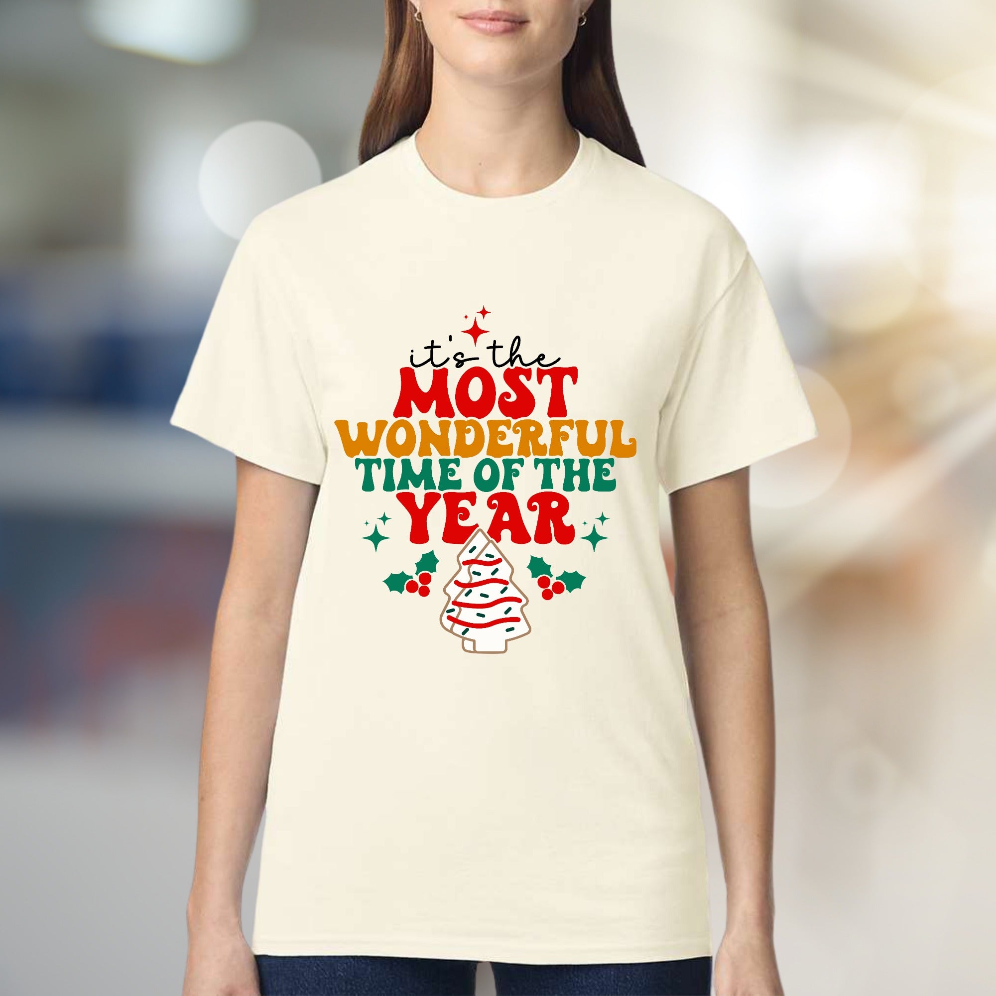 "It's the Most Wonderful Time of the Year" Whimsical Christmas Tree Graphic Tee, a Festive Holiday Pick for Everyone