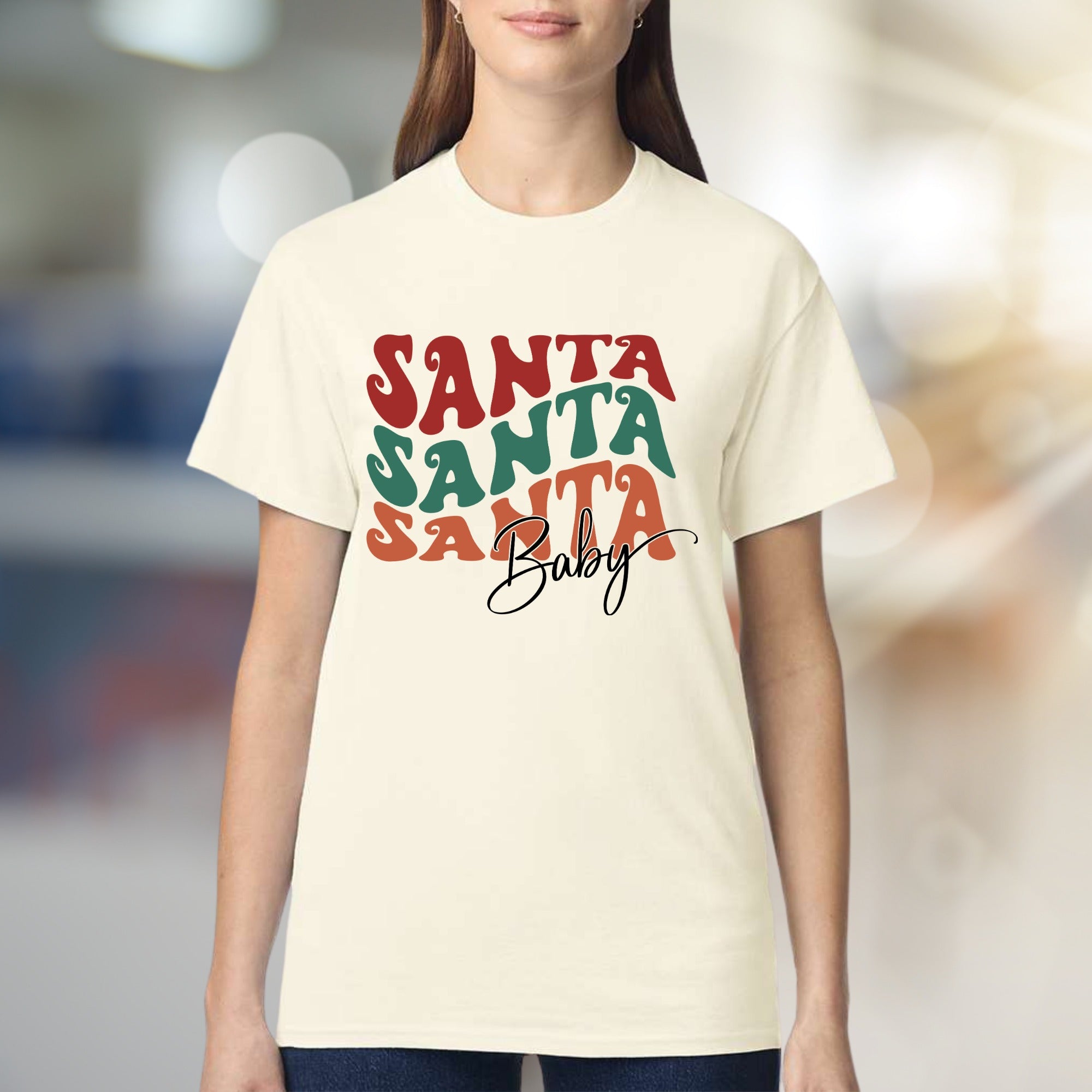 "SANTA SANTA SANTA Baby" Retro Christmas Graphic Tee, a Festive Niche for Holiday Enthusiasts