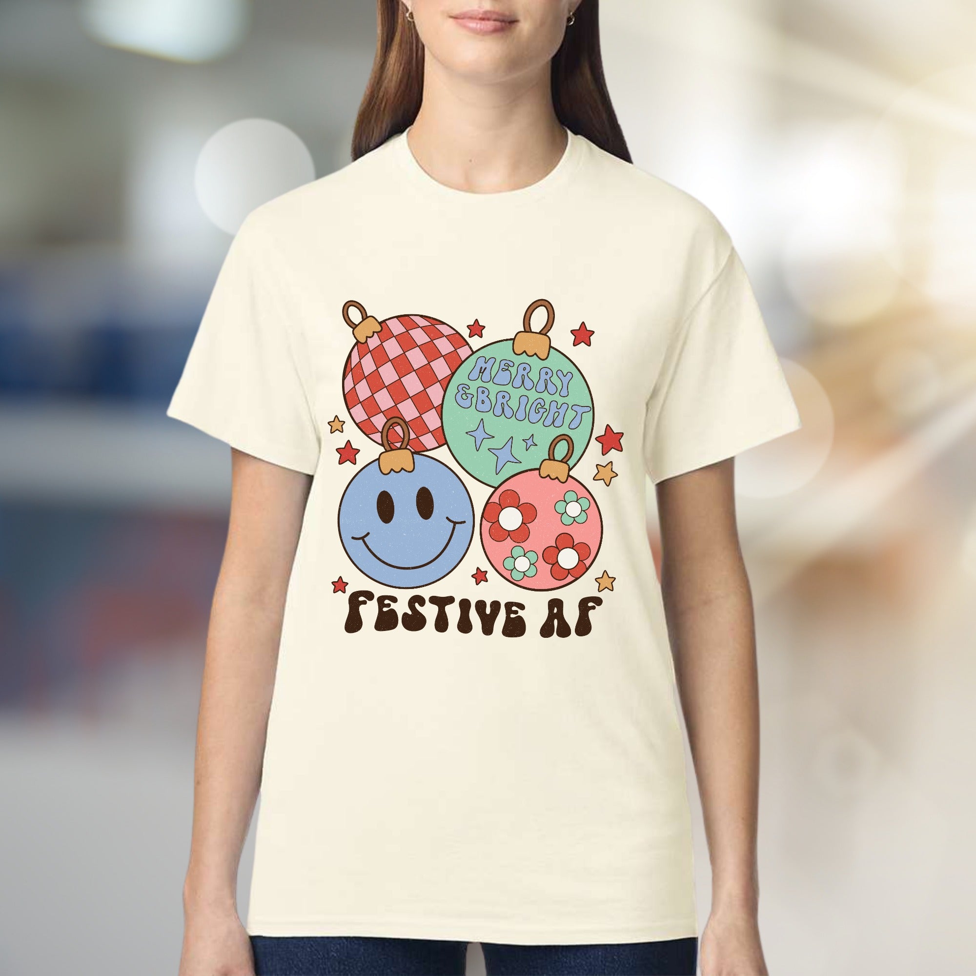 "Festive AF" Retro Holiday Ornaments Tee, a Groovy Christmas Pick for Everyone