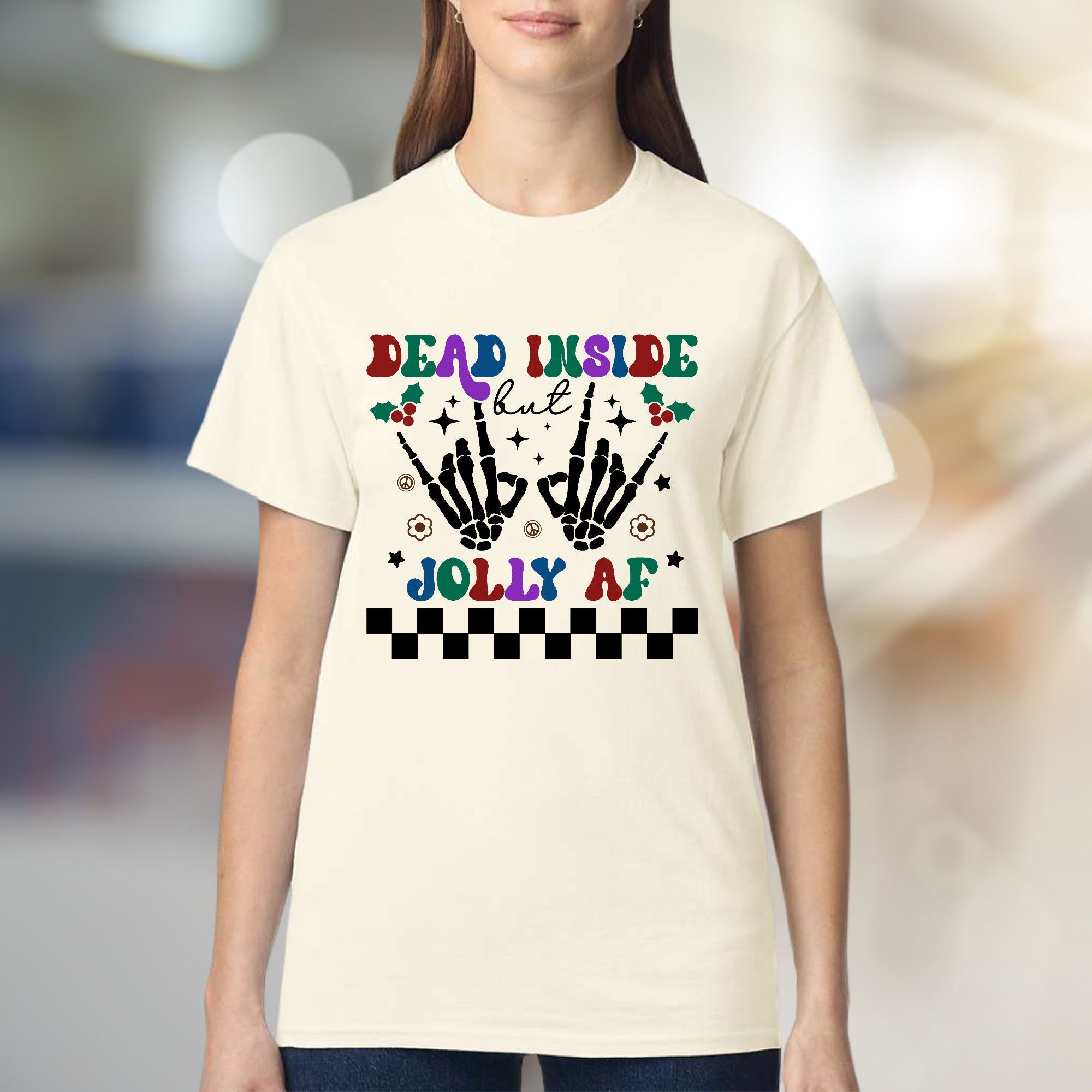 "DEAD INSIDE but JOLLY AF" Festive Skeleton Hands Graphic Tee, a Quirky Holiday Pick for Sarcastic Souls