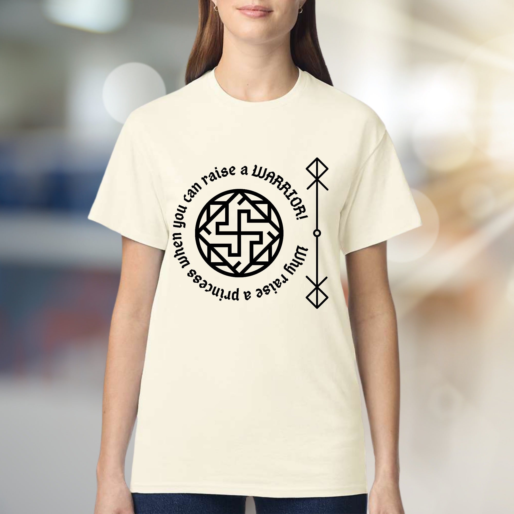 "Rai a Warrior" Empowering Rune Circle Graphic Tee, a Bold Statement for Modern Women
