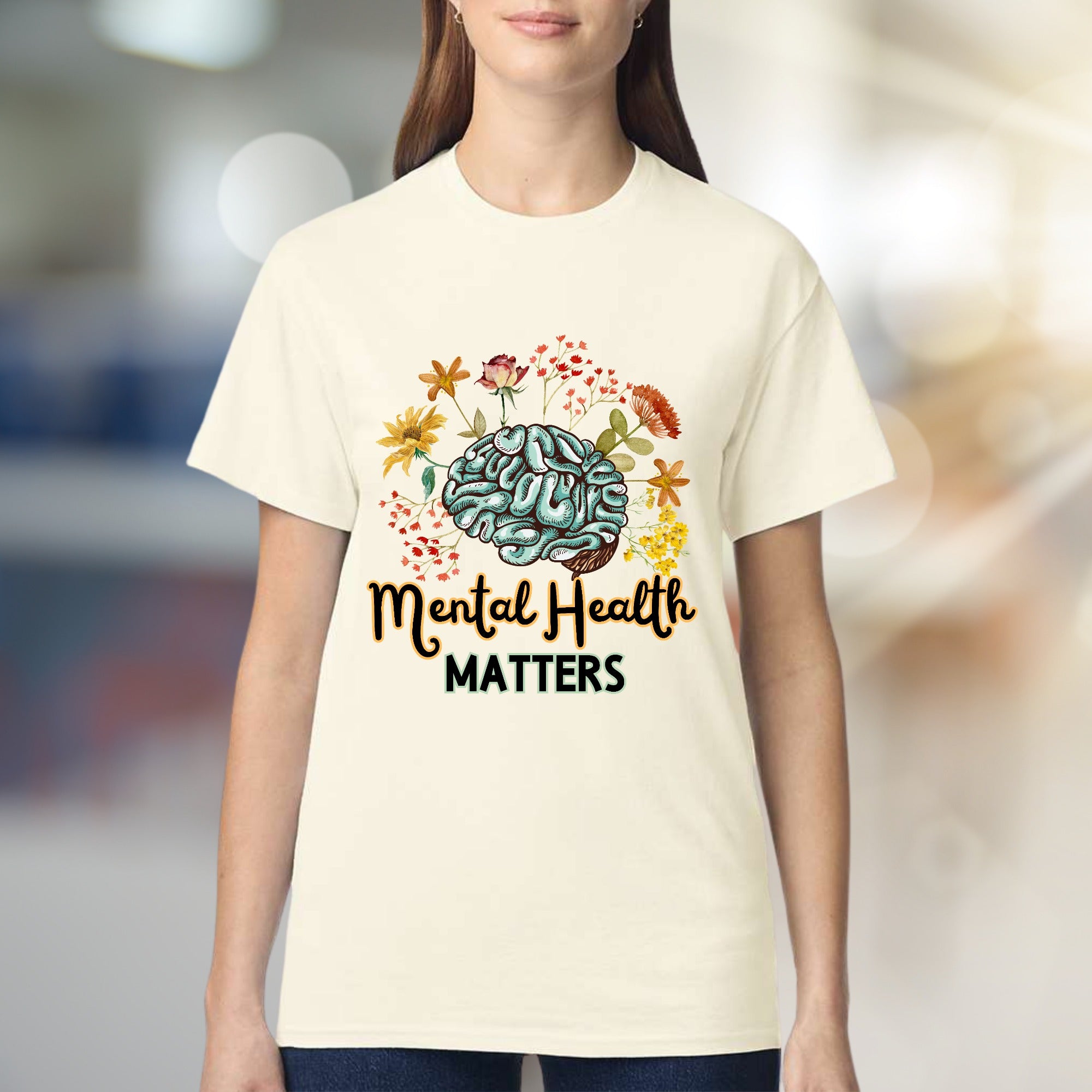 "Mental Health Matters" Floral Brain Graphic Tee, a Wellness Pick for Advocates