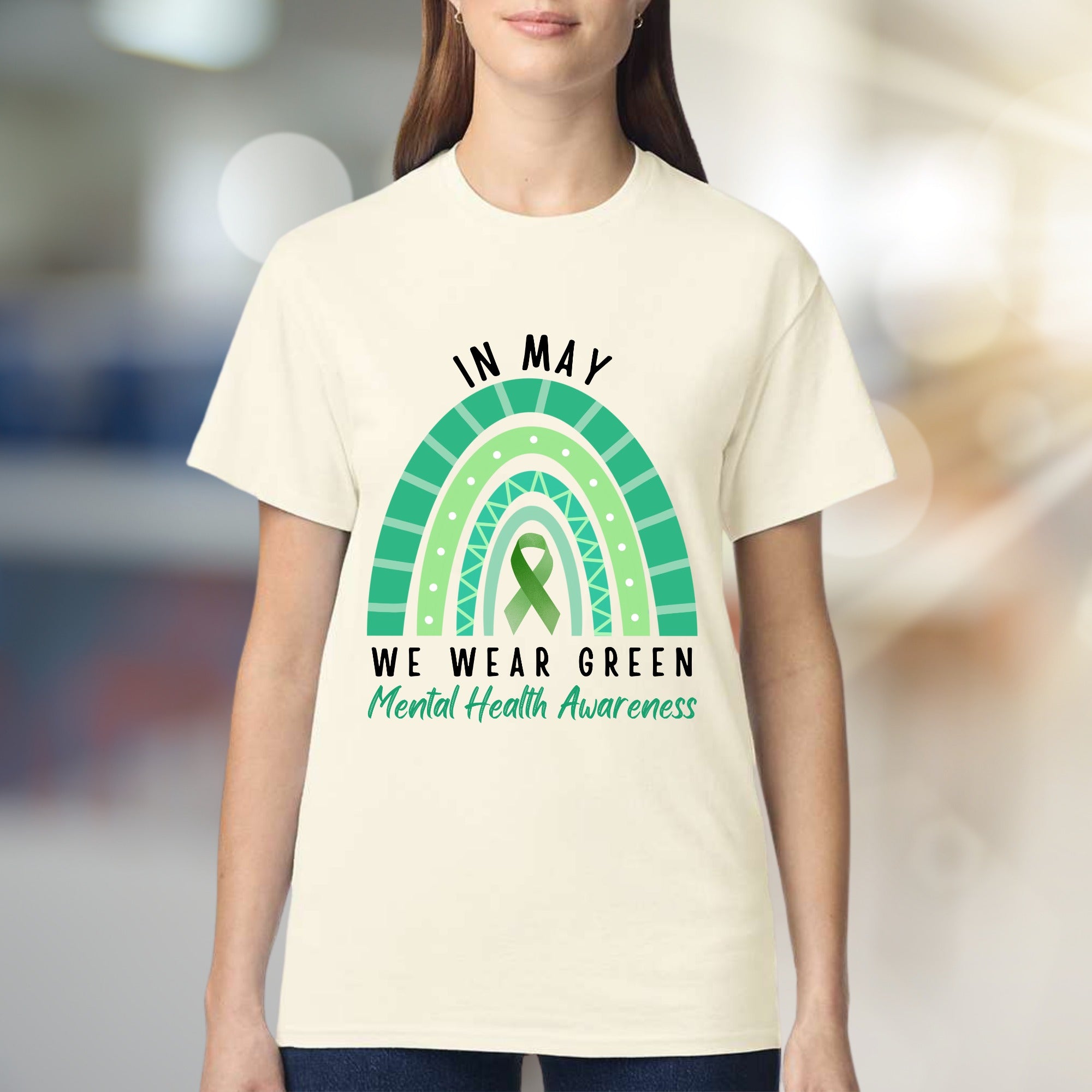 "IN MAY WE WEAR GREEN" Mental Health Awareness Rainbow Graphic Tee, a Supportive Expression for Advocates