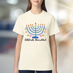 "Celebrate Hanukkah" Vibrant Menorah Graphic Tee, a Festive Holiday Pick for Enthusiasts