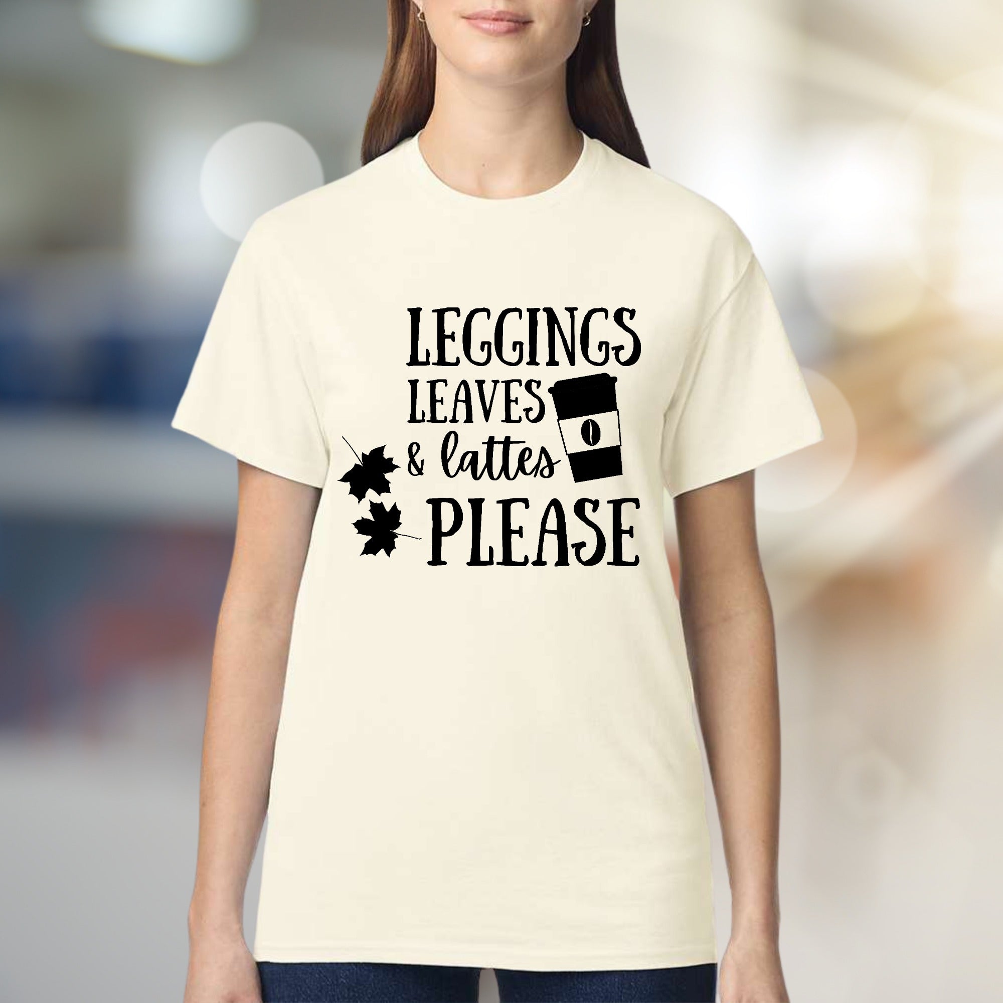 "LEGGINGS LEAVES & LATTES PLEASE" Autumn Comfort Graphic Tee, a Cozy Fall Pick for Coffee Lovers