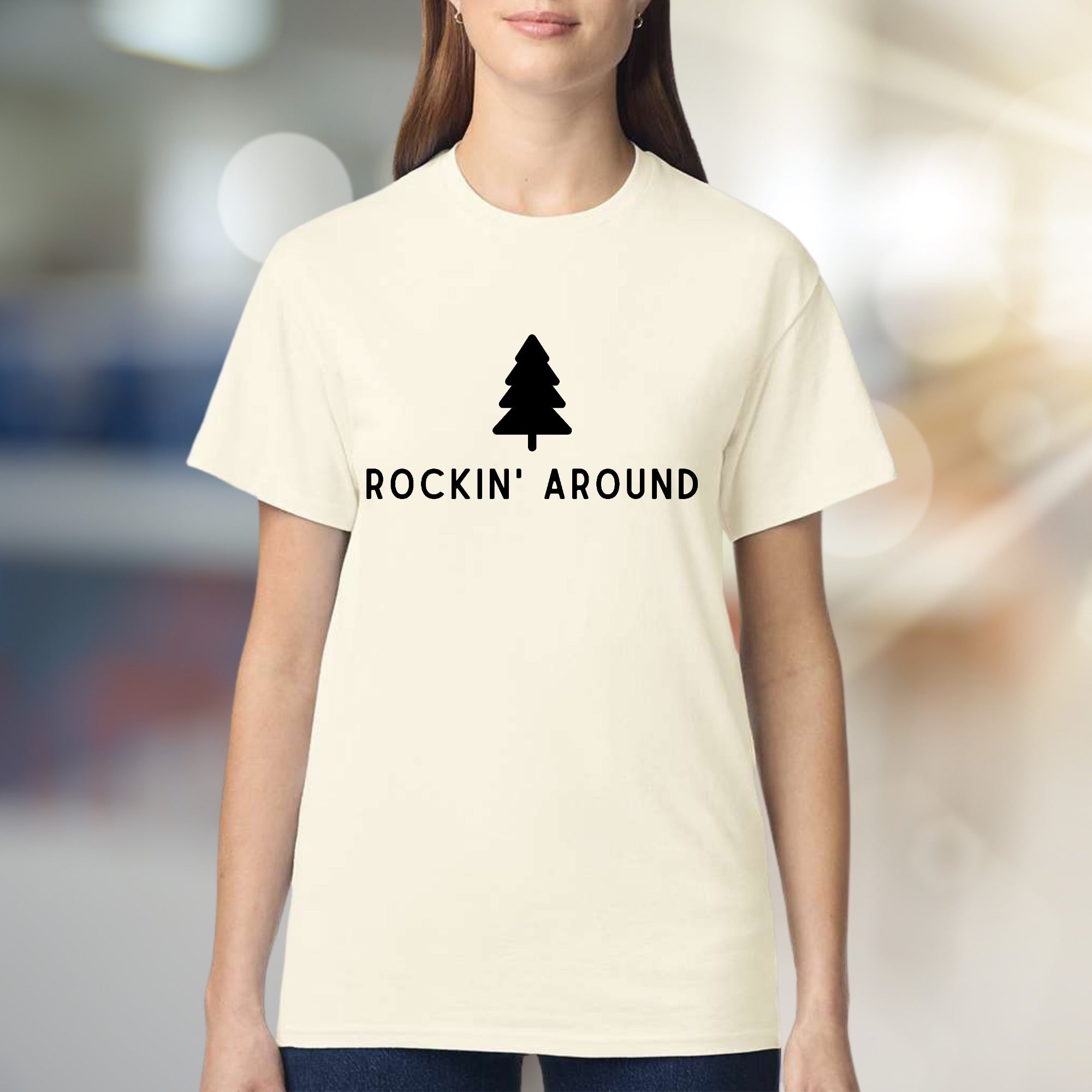 "ROCKIN' AROUND" Christmas Tree Graphic Tee, a Festive Holiday Pick for Merrymakers