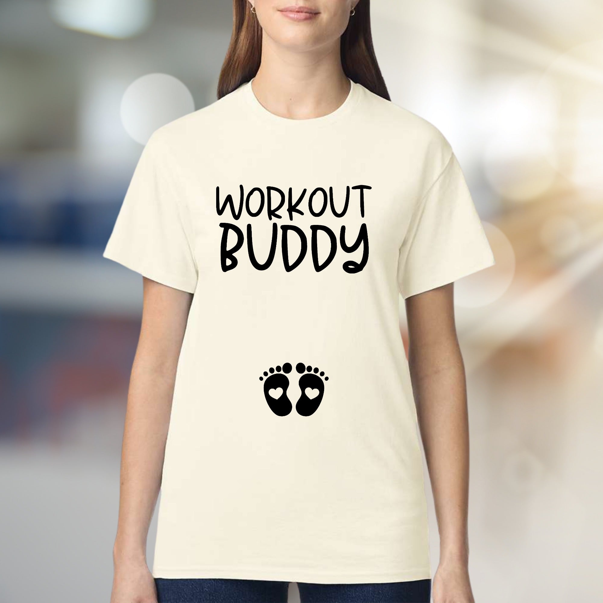 "Workout Buddy" Maternity Graphic Tee, a Pregnancy-Fit Pick for Expecting Moms