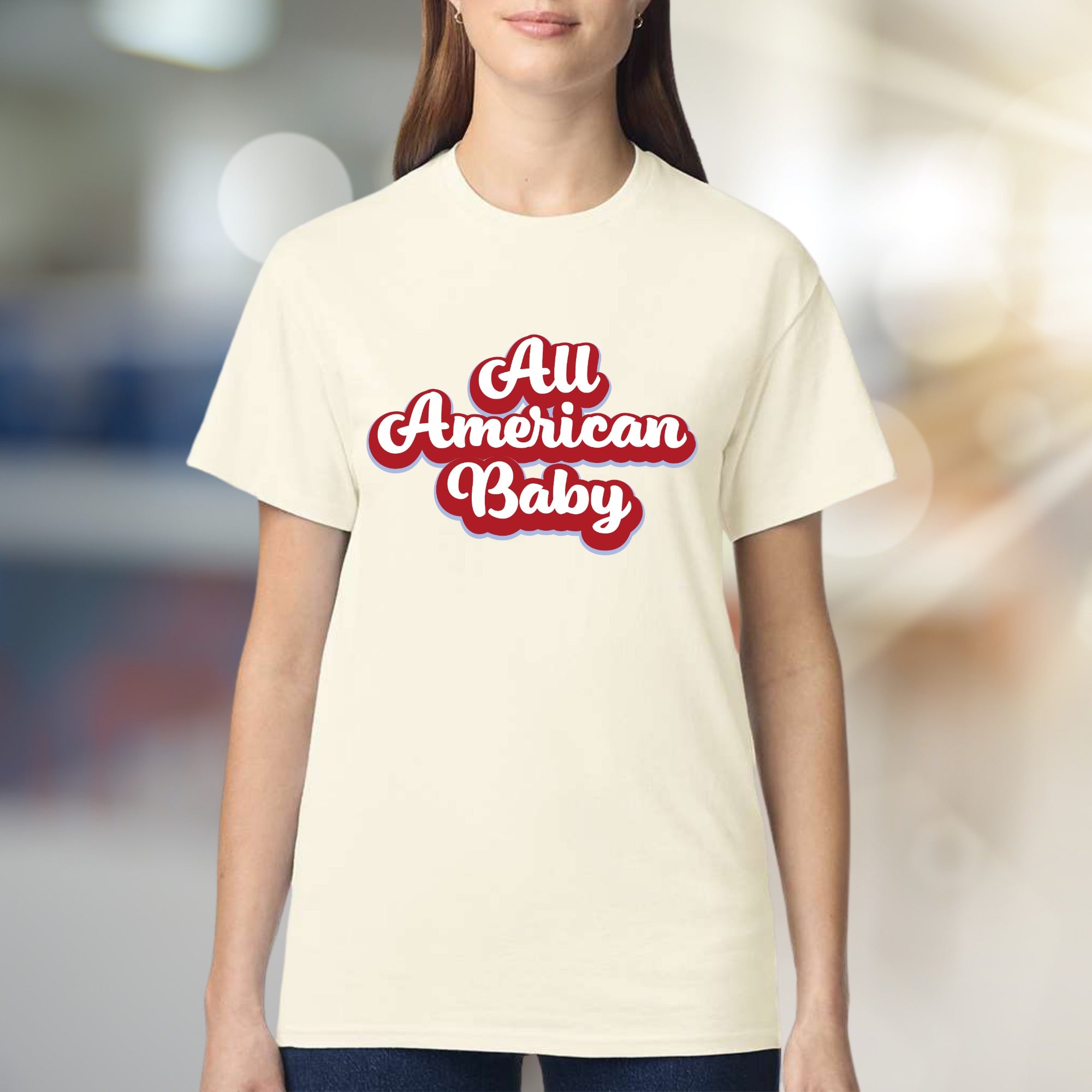 "All American Baby" Retro Graphic Tee, a Patriotic Pick for Her
