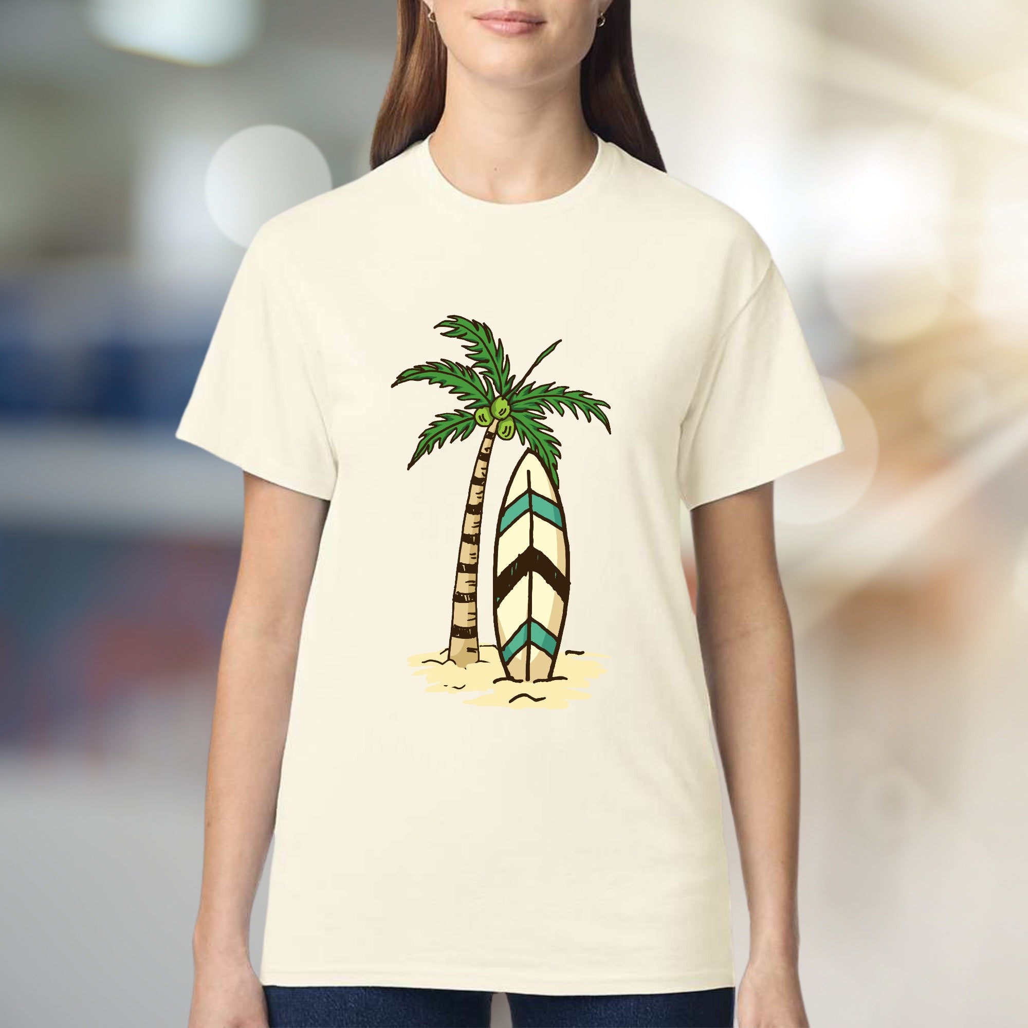 Palm Tree Surfboard Island Zen Graphic Tee, A Tropical Escape for Beach Lovers