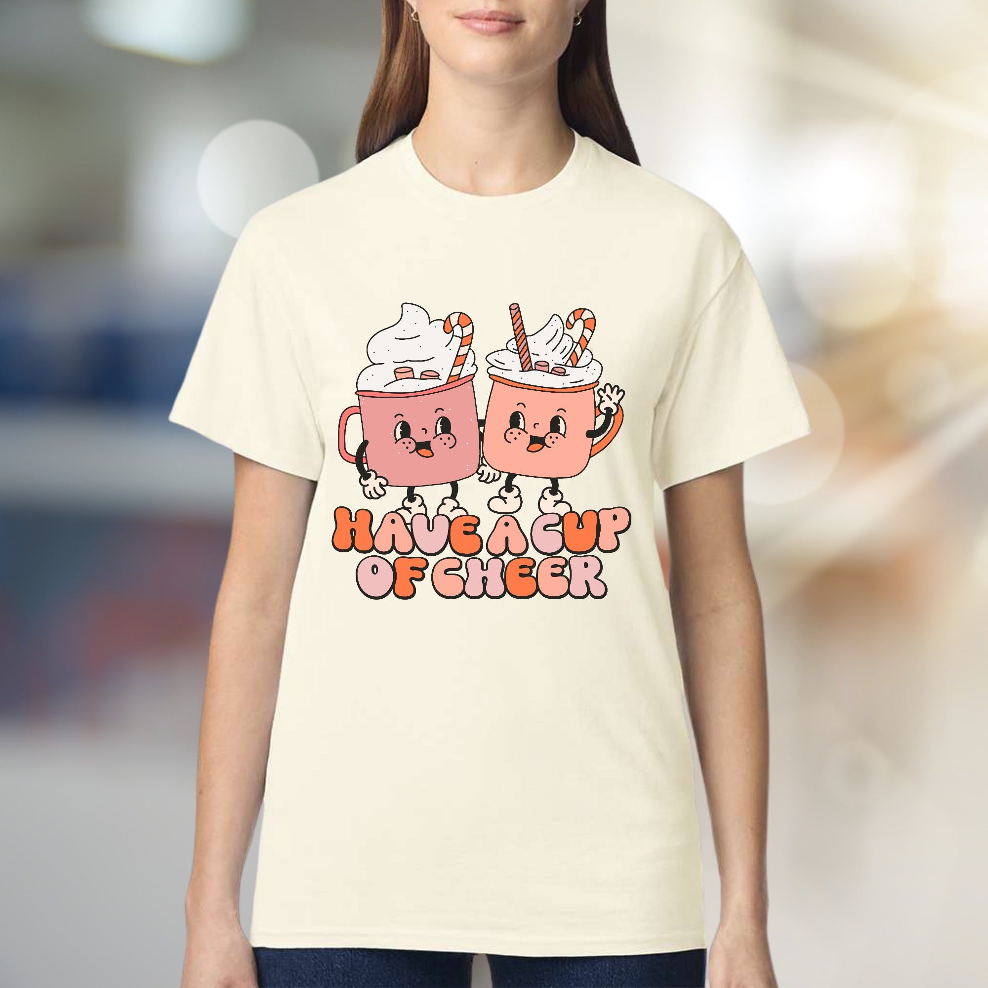 "Have a Cup of Cheer" Retro Hot Cocoa Graphic Tee, a Winter Cozy Pick for Enthusiasts