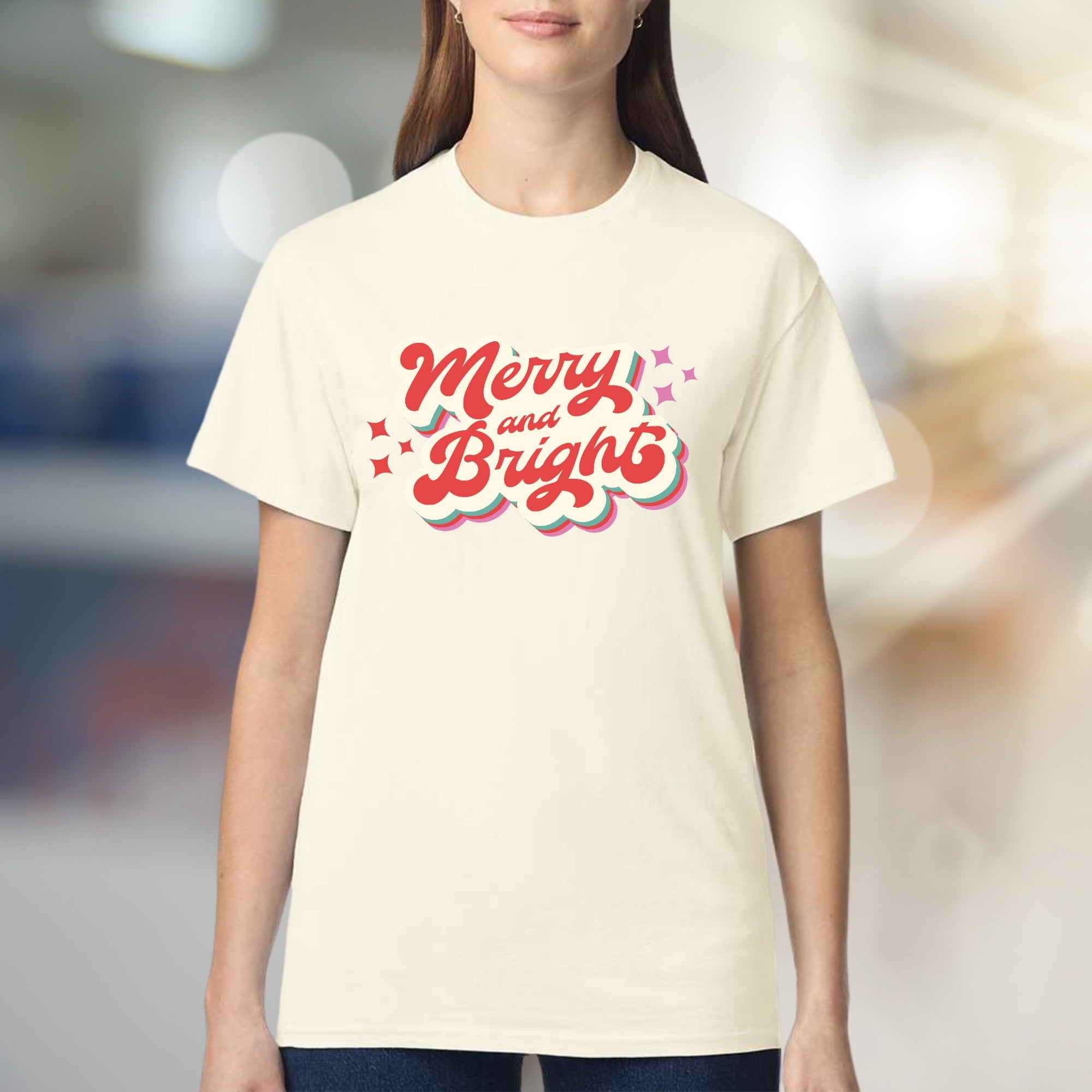 "Merry and Bright" Retro Holiday Graphic Tee, a Festive Pick for Joyful Souls